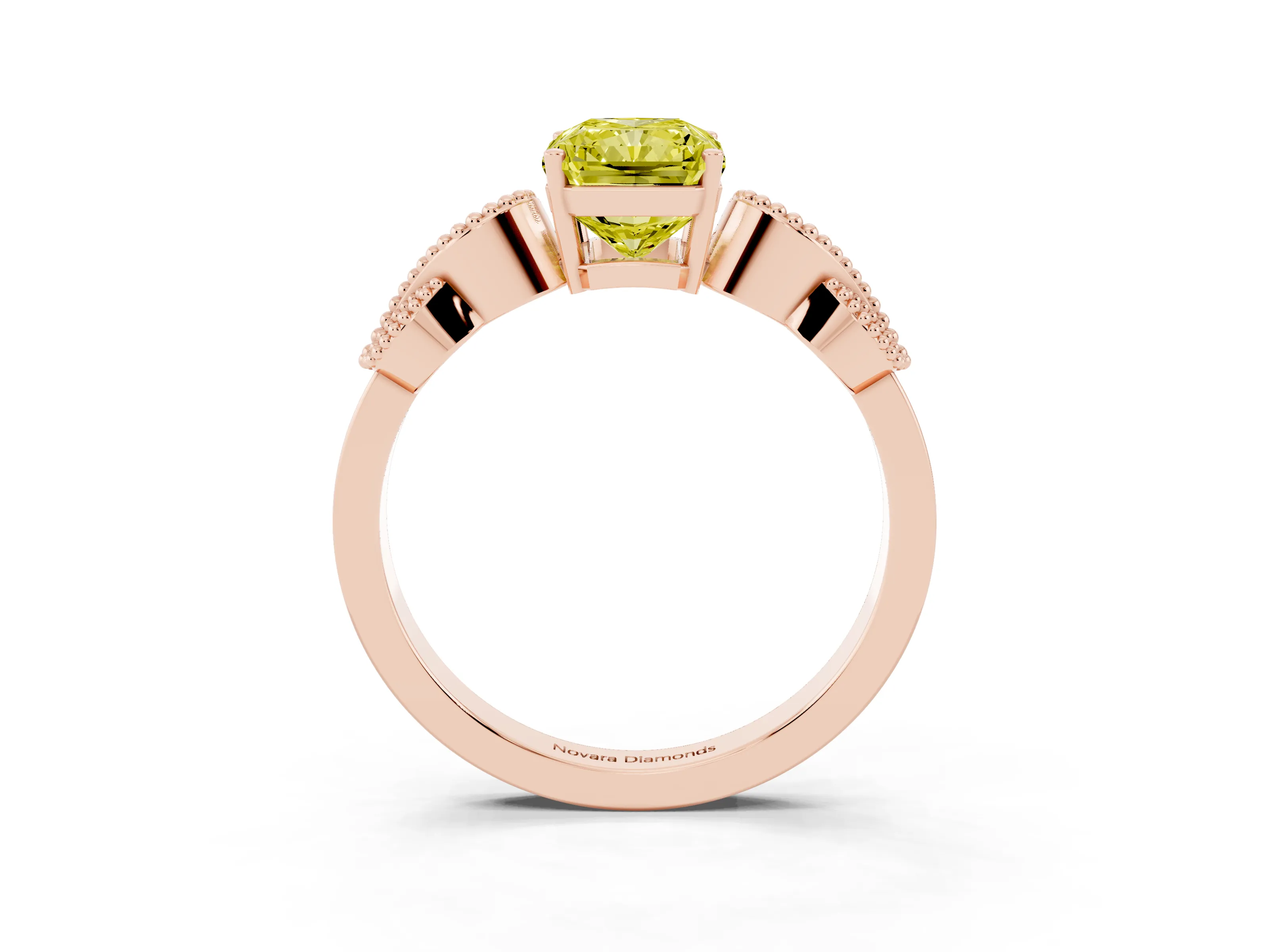 Fancy Yellow Princess Cut Diamond Milgrain Leaf Band Solitaire Ring Set in Rose gold with Accent Stones and Prong Setting