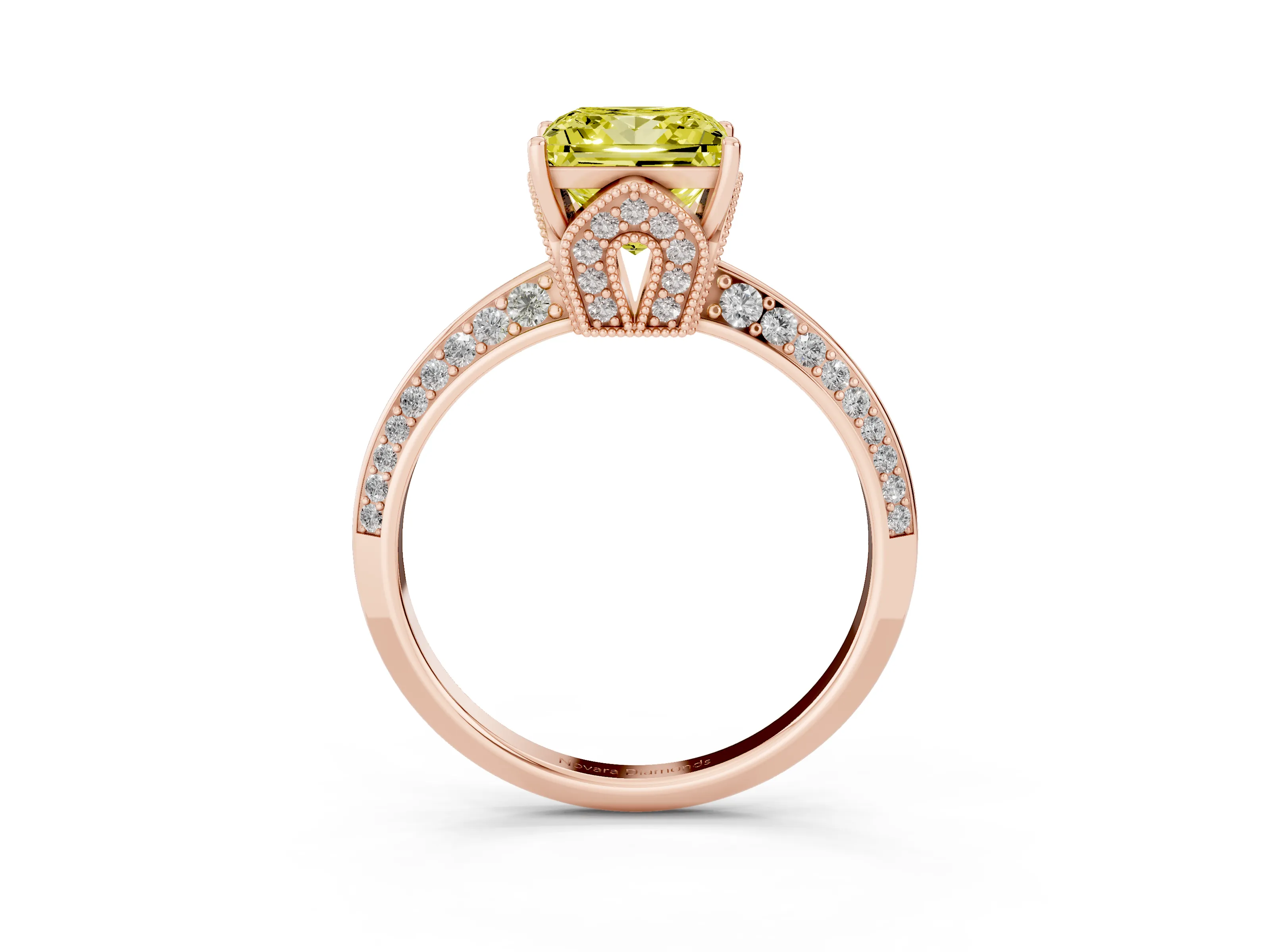 Fancy Yellow Princess Cut Diamond Solitaire Engagement Ring Set in Rose gold with Pavé Split Shank and Prong Setting