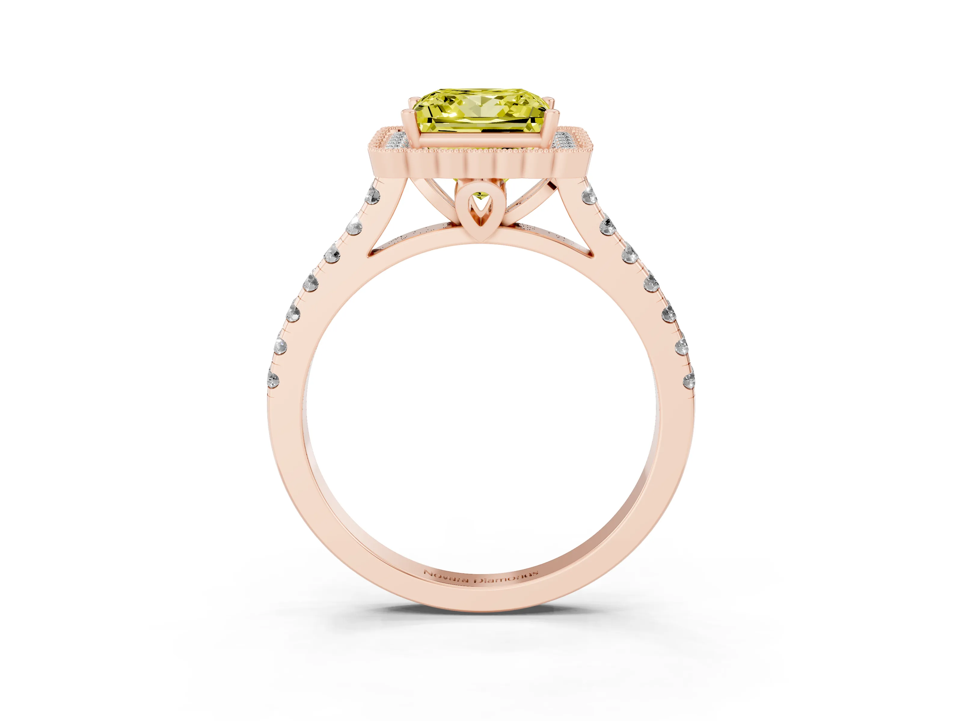 Fancy Yellow Princess Cut Diamond Milgrain Floral Halo Engagement Ring Set in Rose gold with Pavé Band