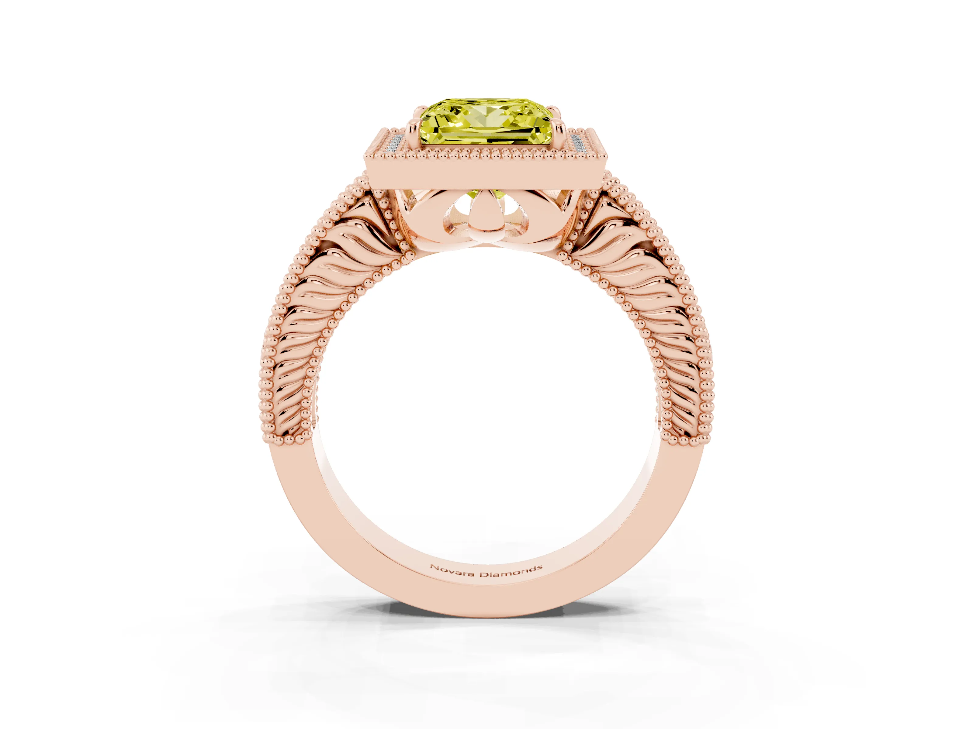 Fancy Yellow Princess Cut Diamond Halo Ring Set in Rose gold with Round Accent Halo, Pavé Band and Prong Setting