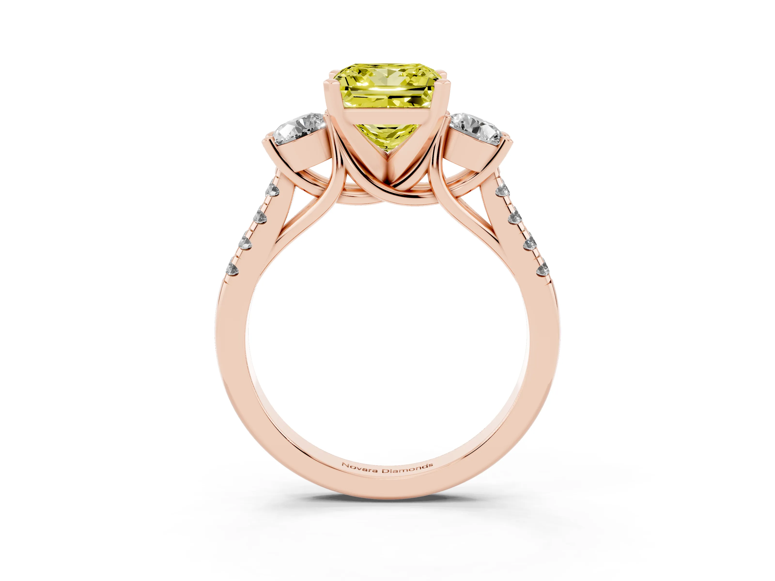 Fancy Yellow Three-Stone Princess Cut Diamond Pavé Band Ring Set in Rose gold with Prong-Set Trio