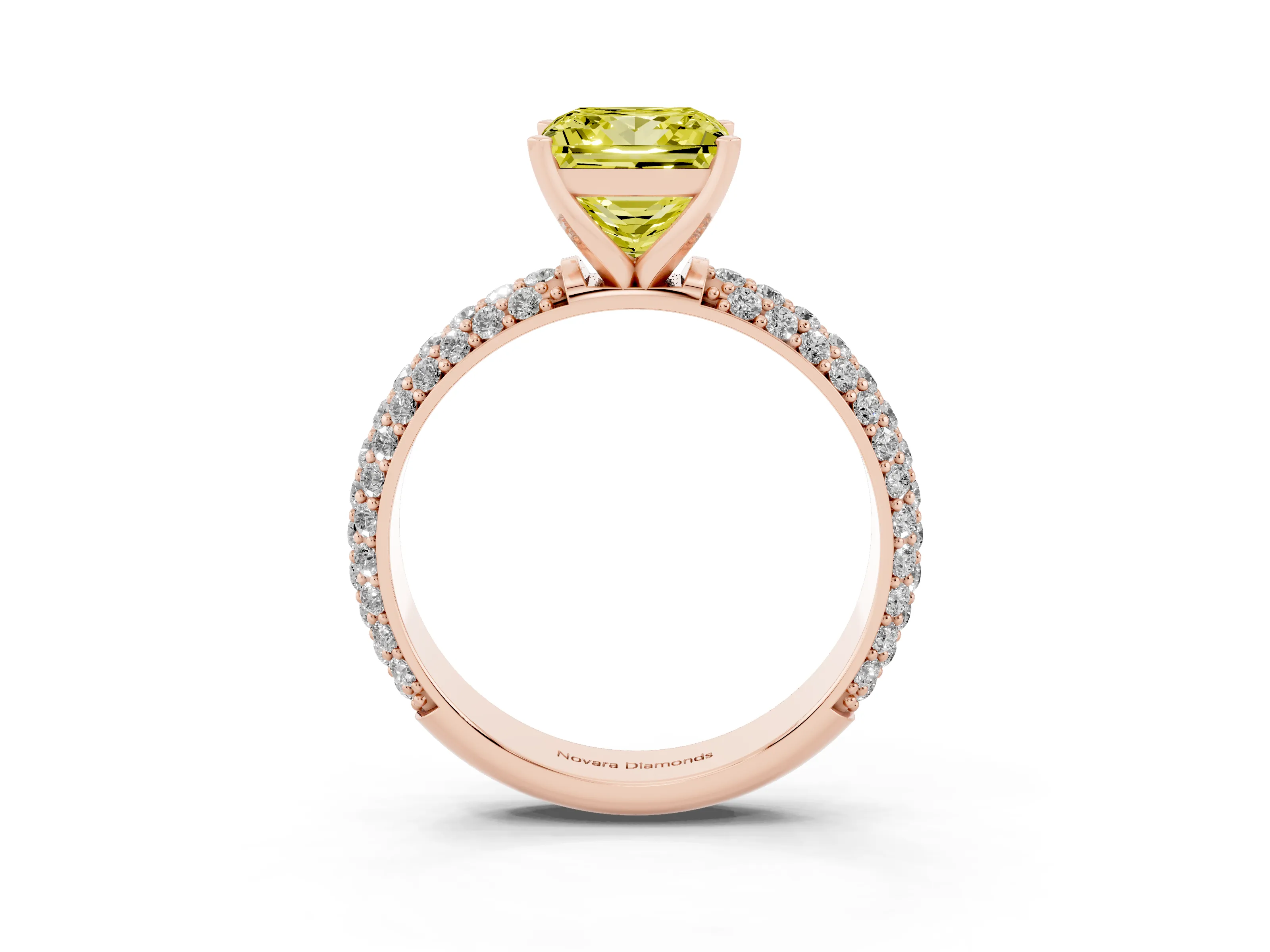 Fancy Yellow Princess Cut Diamond Solitaire Ring Set in Rose gold with Prong Setting and Pavé-Set Band