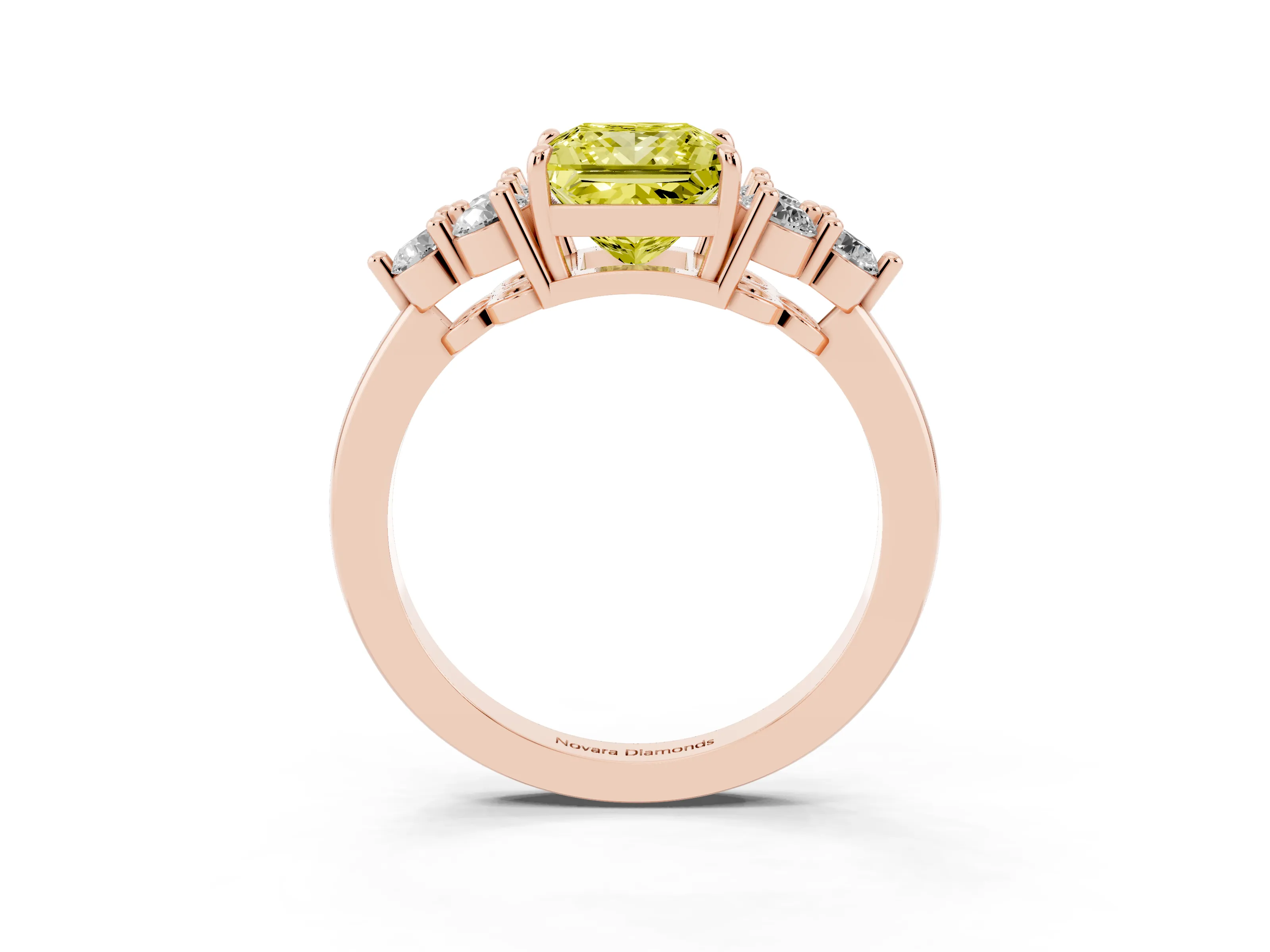 Fancy Yellow Princess Cut Diamond Solitaire Ring Set in Rose gold with Cluster Accents on Each Side