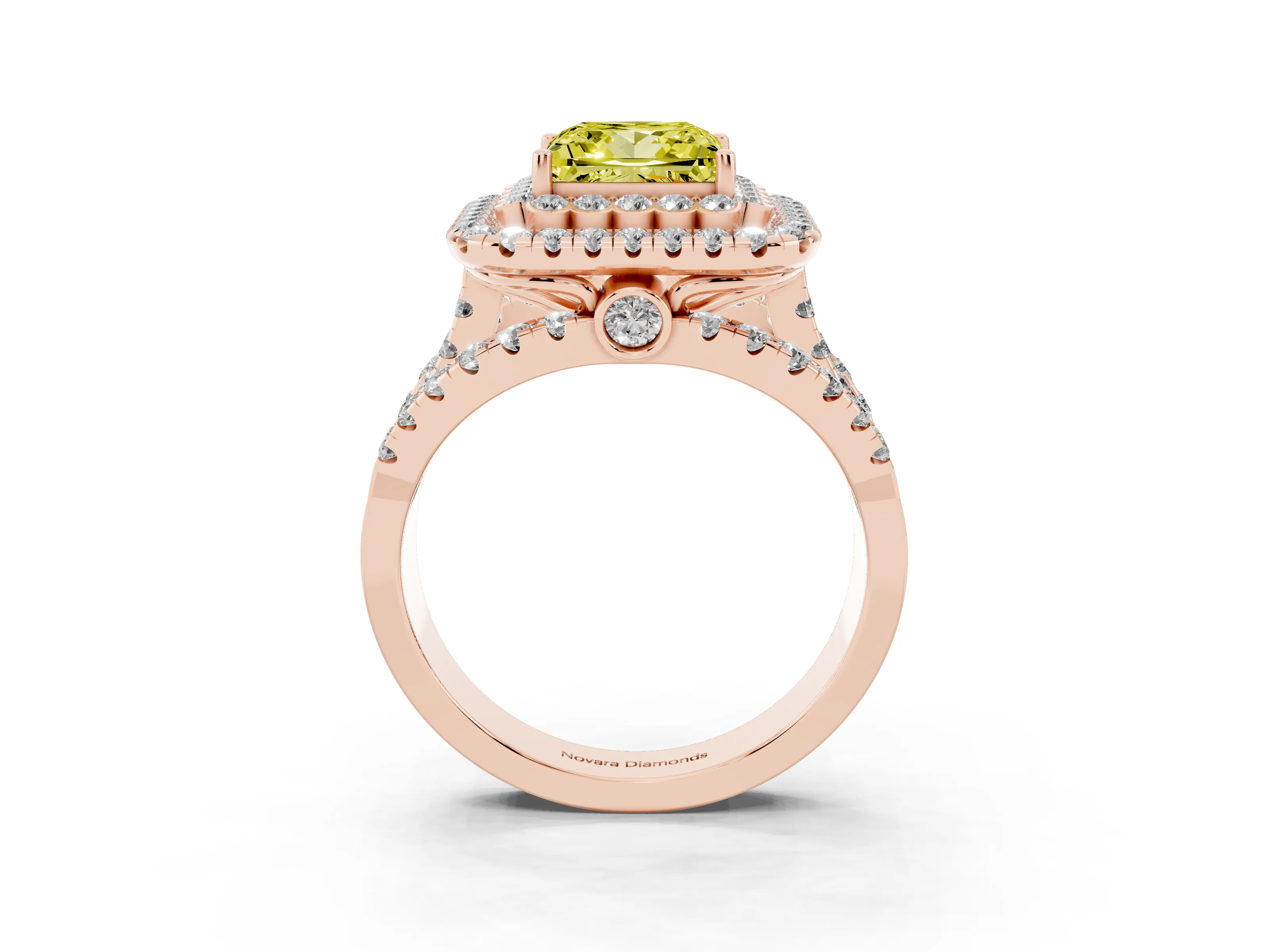 Fancy Yellow Princess Cut Diamond Double Halo Ring Set in Rose gold with Round Pavé Split Shank