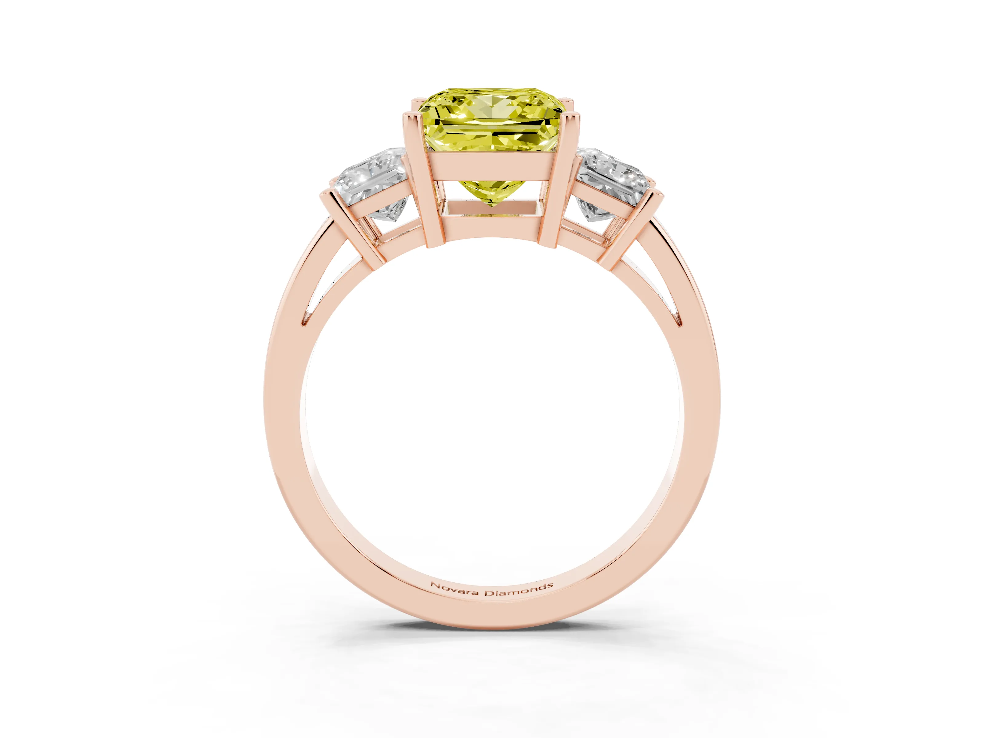 Fancy Yellow Three-Stone Princess Cut Diamond Solitaire Ring Set in Rose gold with Prong Setting