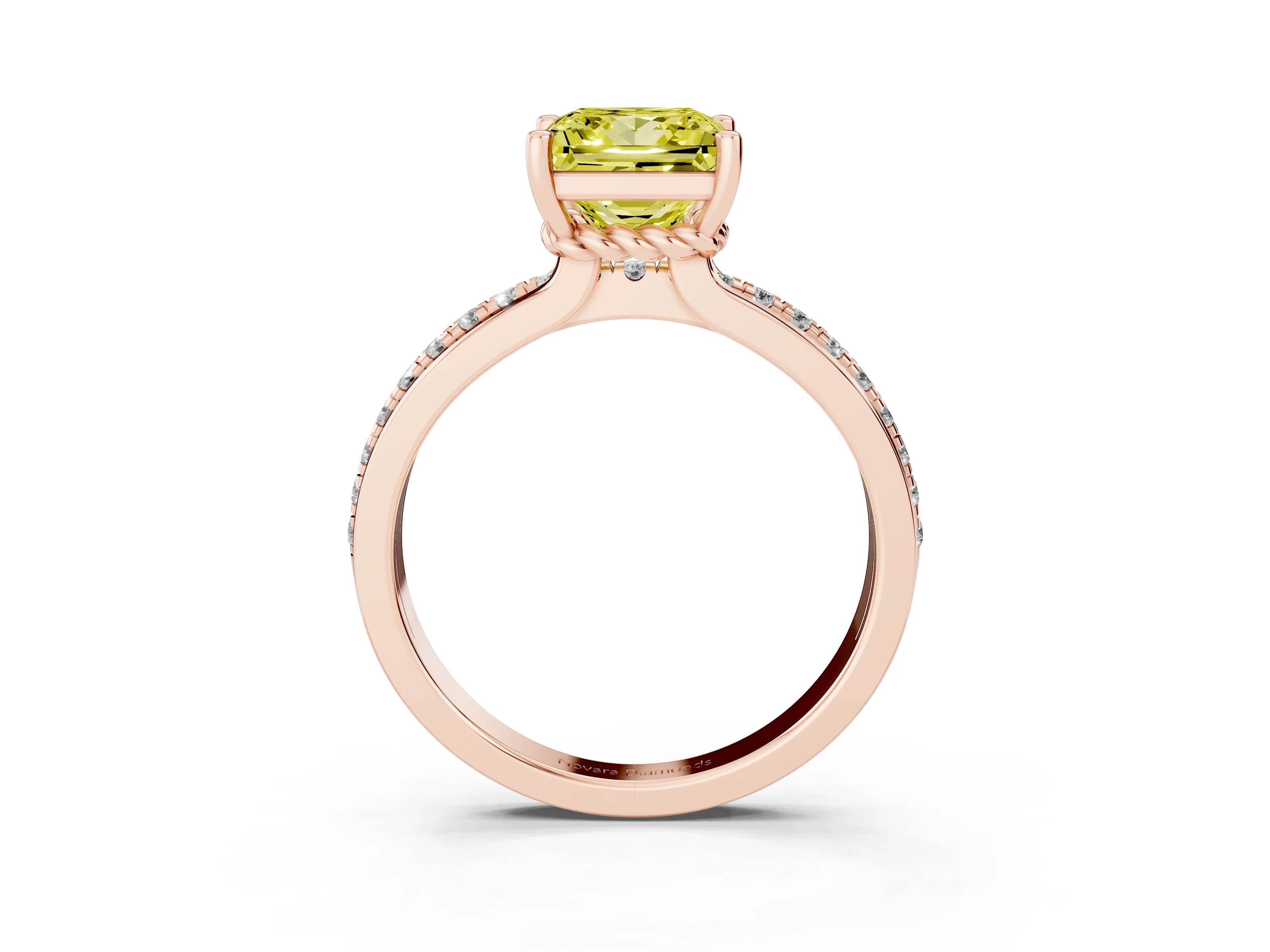 Fancy Yellow Princess Cut Diamond Solitaire Ring Set in Rose gold with Channel Set Band and Prong Setting