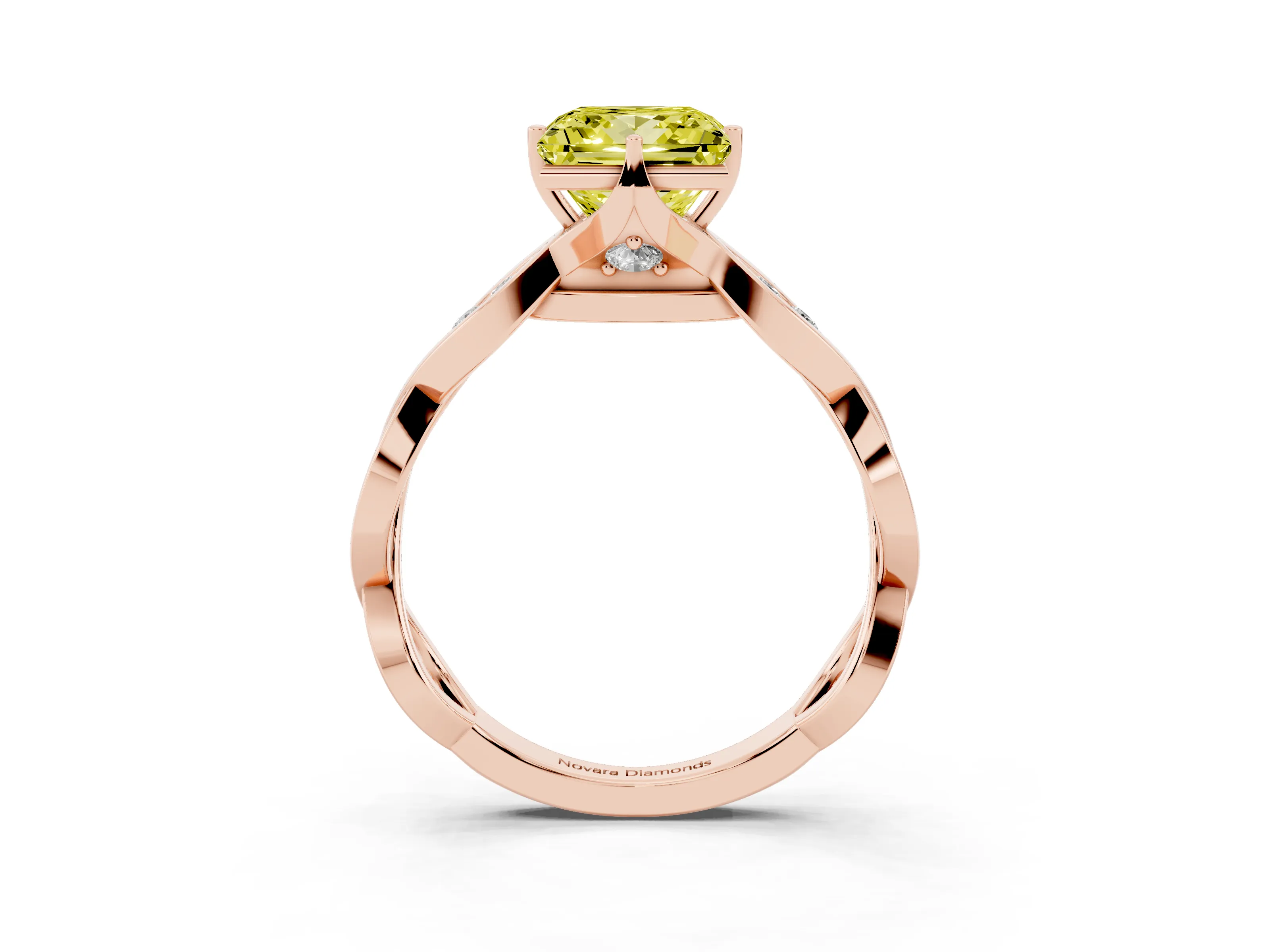 Fancy Yellow Princess Cut Diamond Twist Band Solitaire Ring Set in Rose gold with Leaf Prong Setting and Accent Stones