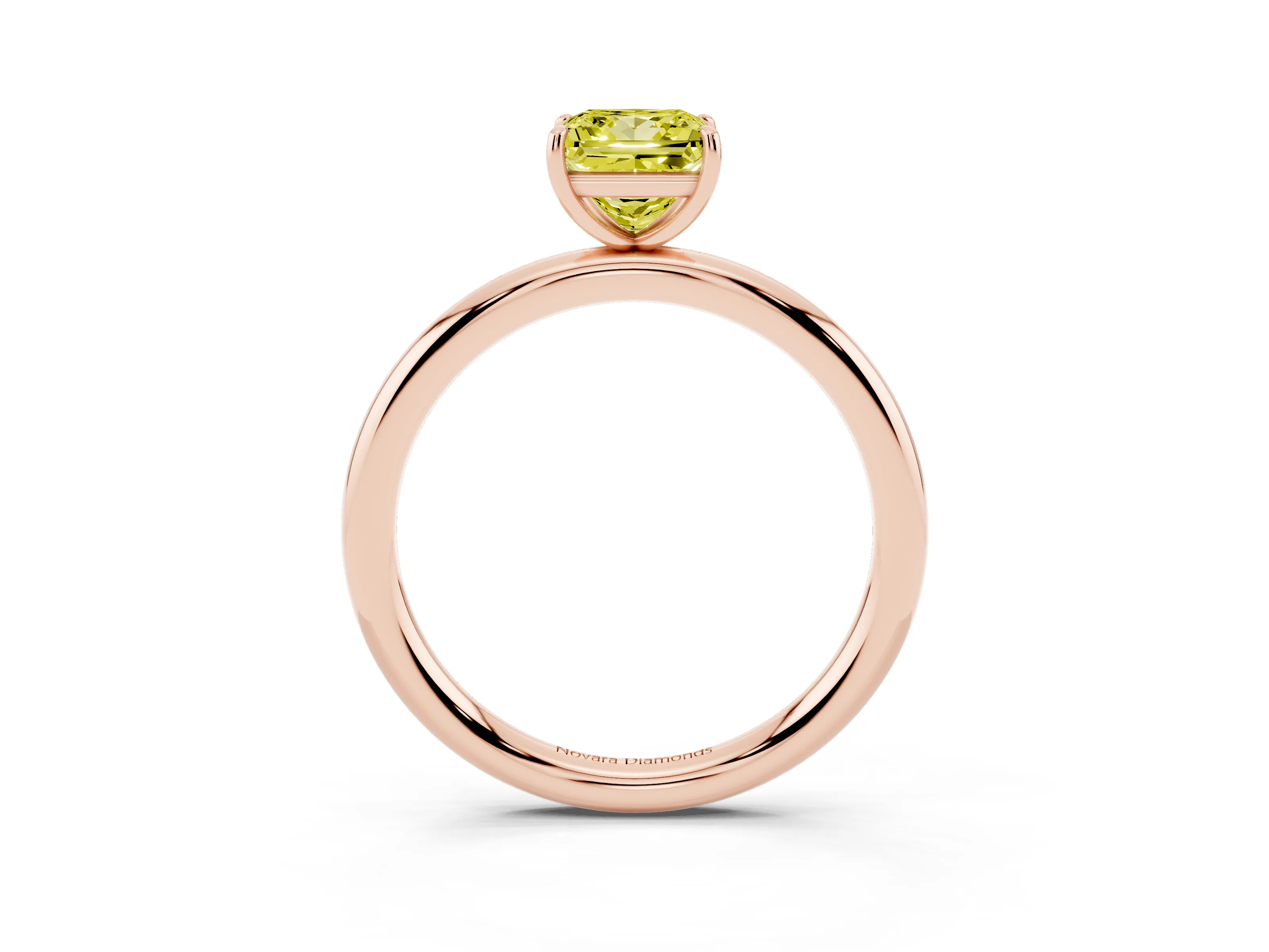 Fancy Yellow Princess Cut Diamond Solitaire Ring Set in Rose gold with Prong Setting on a Polished Plain Band