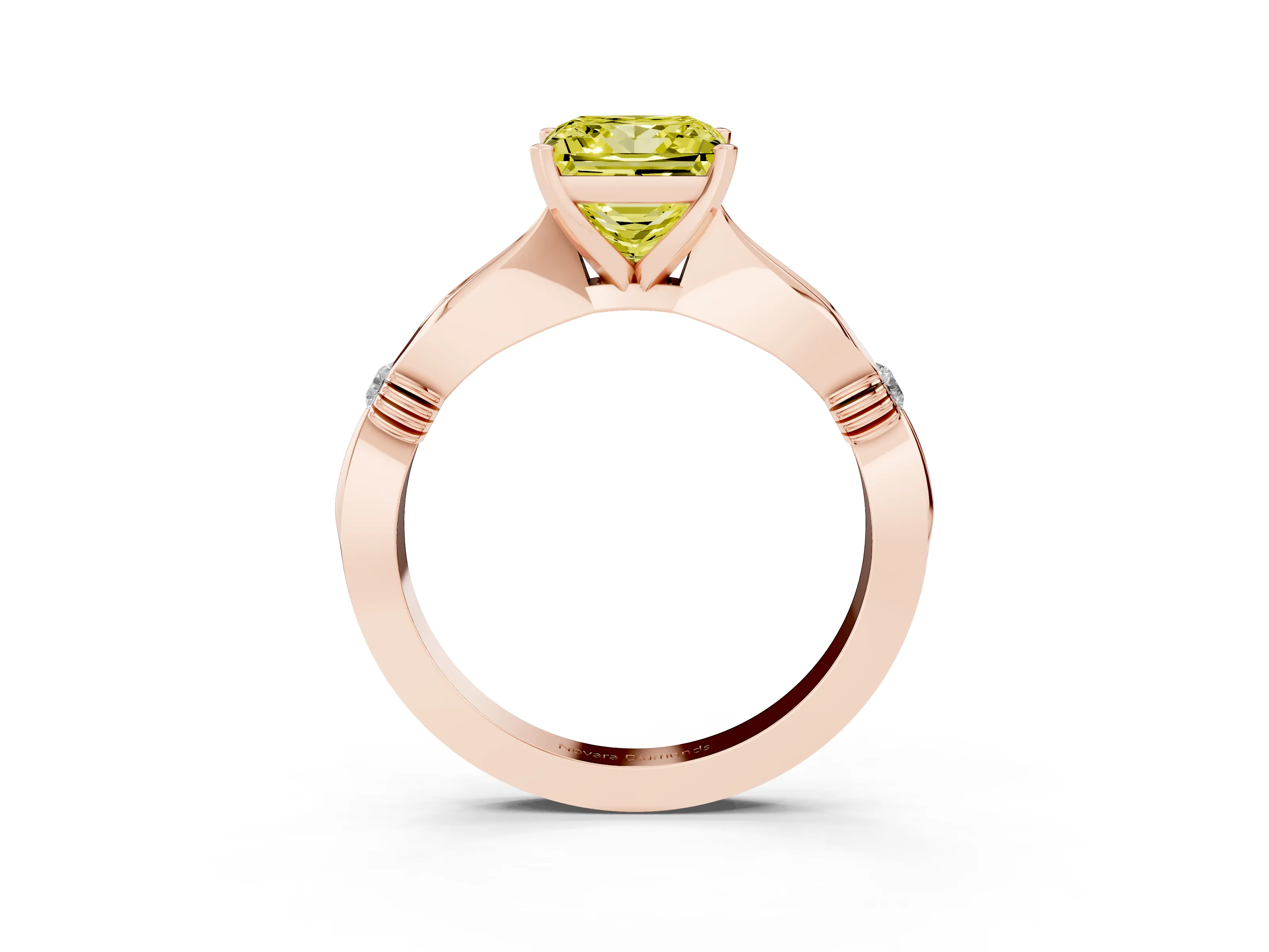 Fancy Yellow Princess Cut Diamond Solitaire Twisted Band Ring Set in Rose gold with Accent Stones and Prong Setting