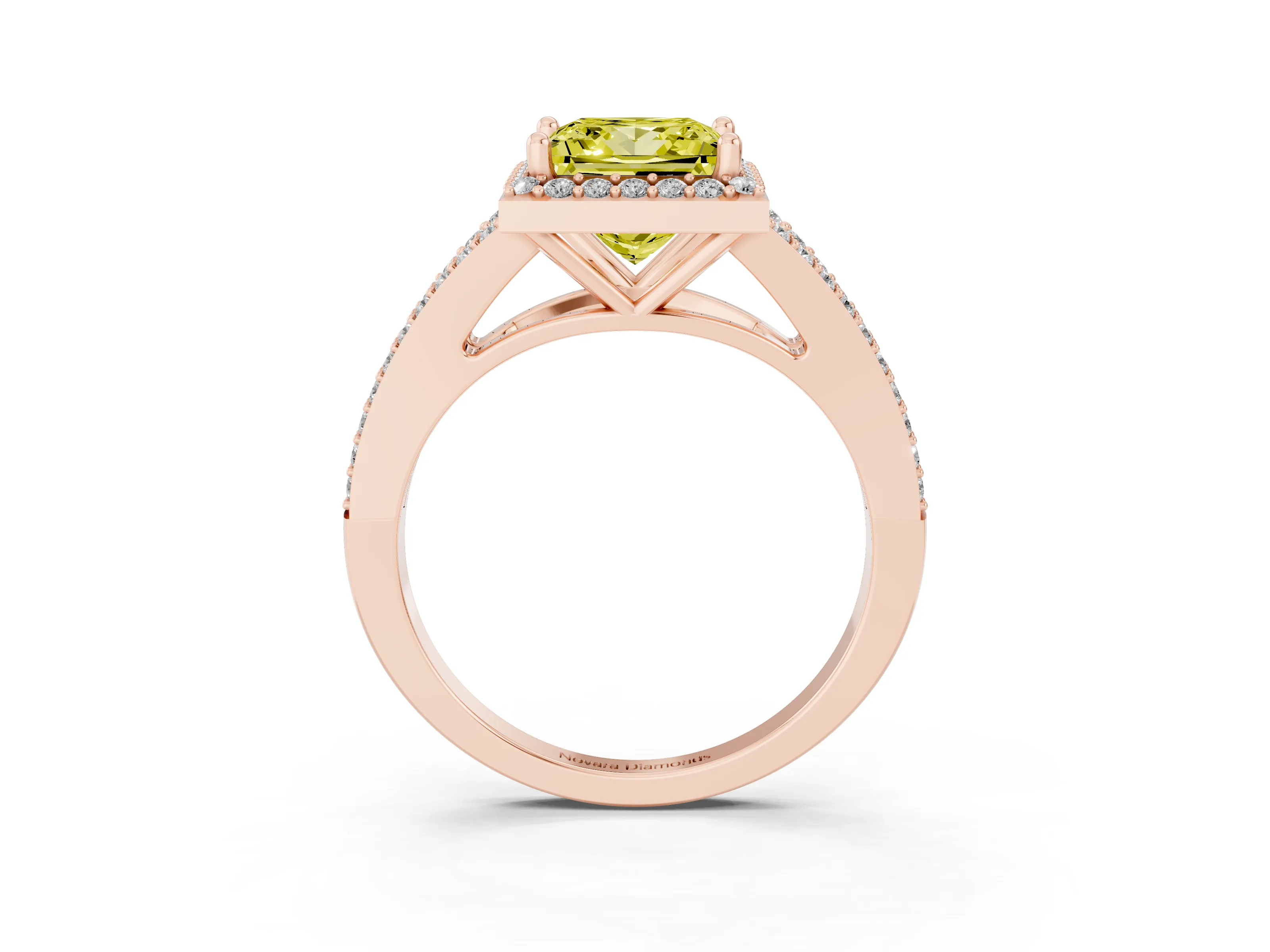 Fancy Yellow Princess Cut Diamond Halo Split Shank Pavé Ring Set in Rose gold with Prong Setting