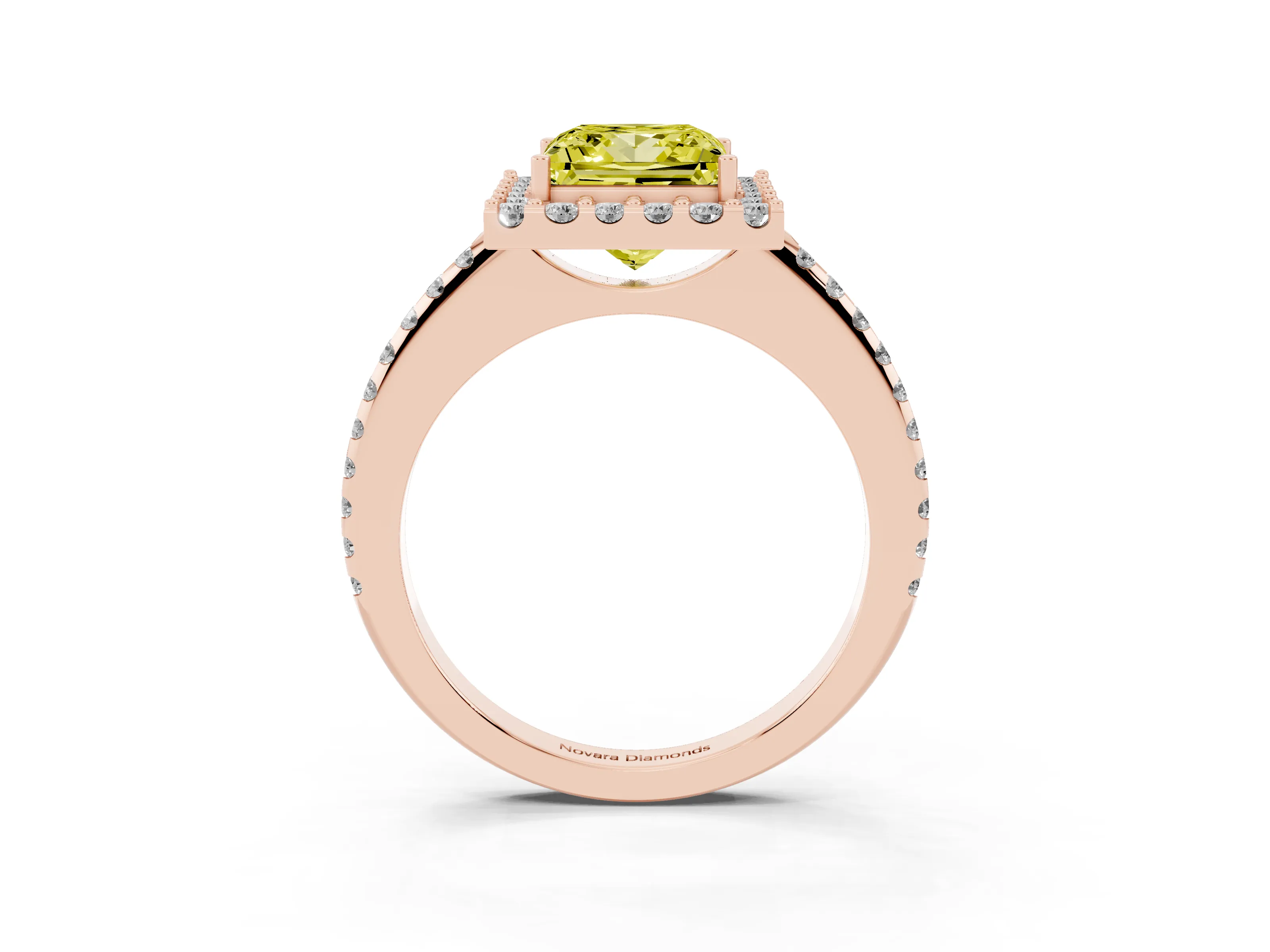 Fancy Yellow Princess Cut Diamond Pavé Halo Ring Set in Rose gold with Prong Setting