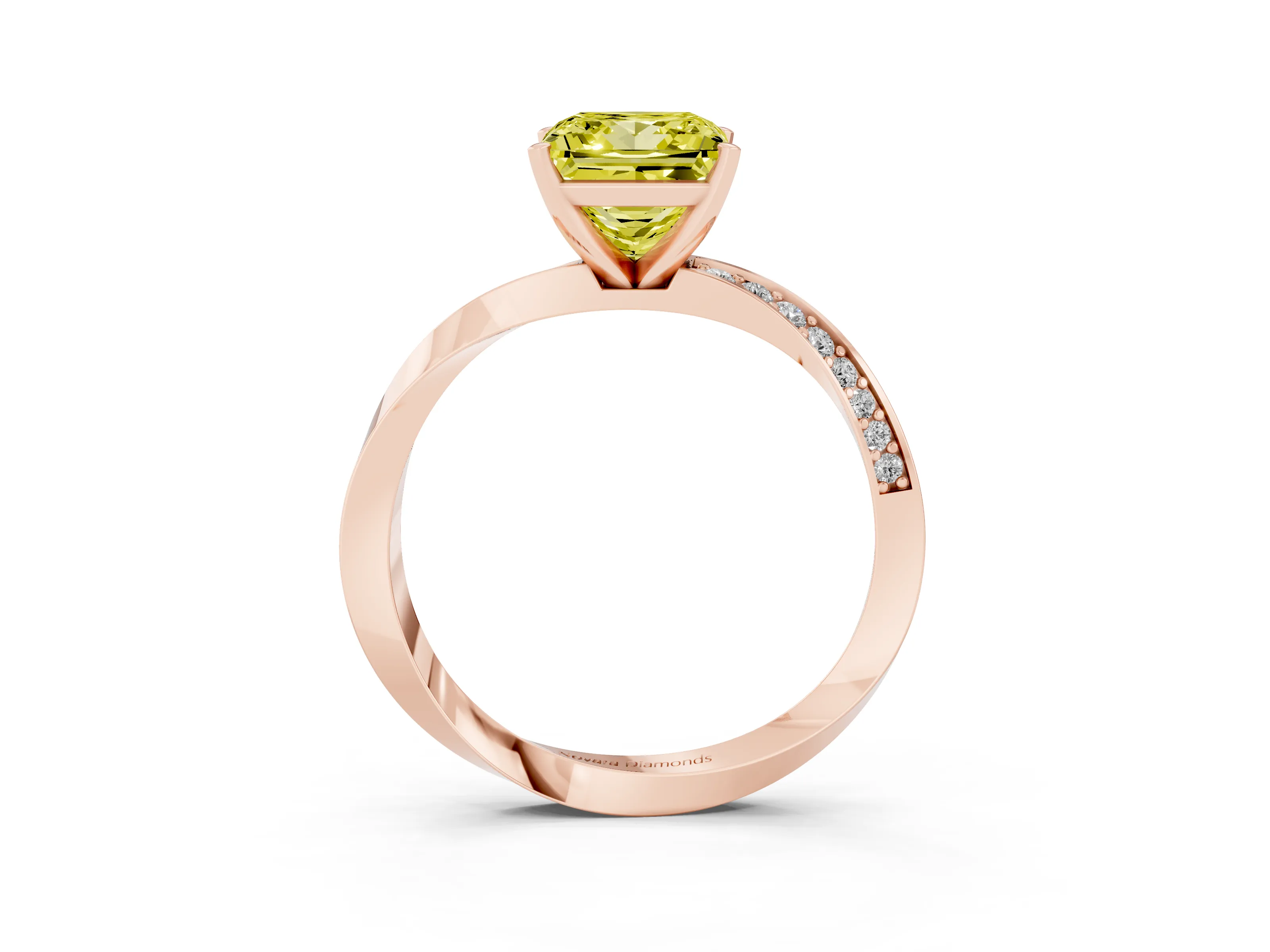 Fancy Yellow Princess Cut Diamond Engagement Ring Set in Rose gold with Side Stone Accents and Prong Setting