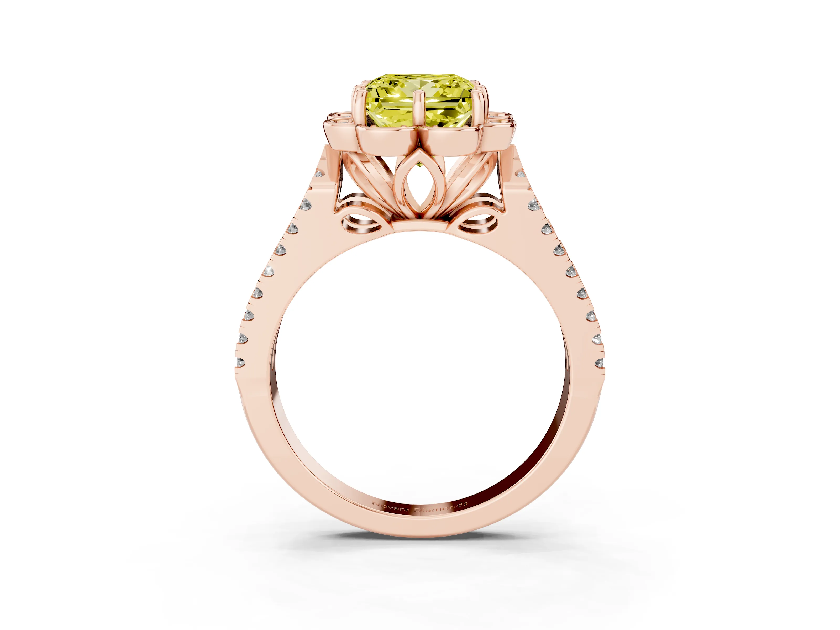 Fancy Yellow Princess Cut Diamond Floral Halo Split Shank Engagement Ring Set in Rose gold with Pavé Shank