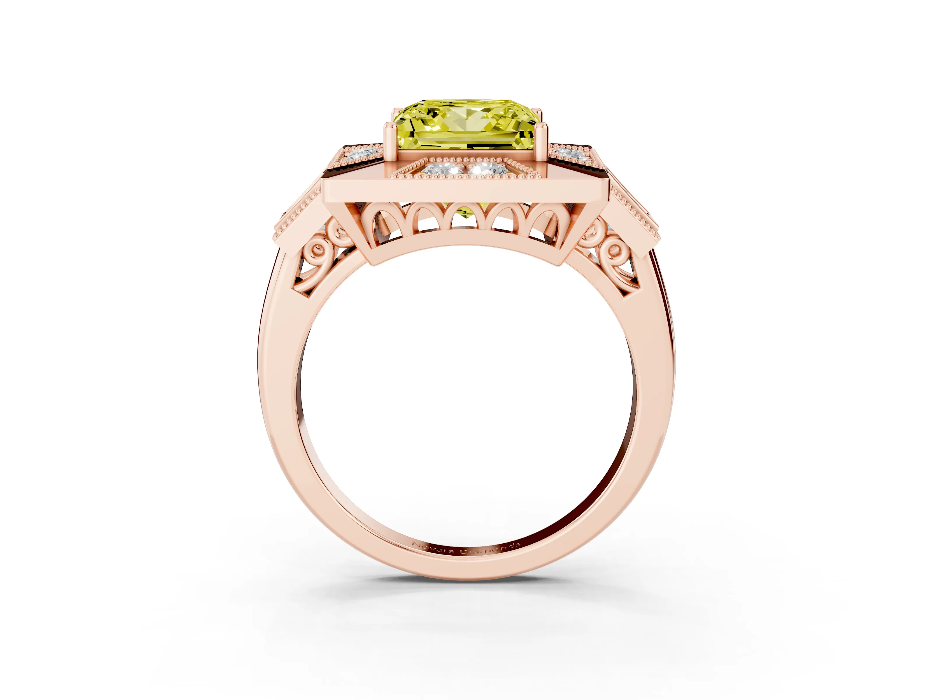 Fancy Yellow Princess Cut Diamond Milgrain Halo Ring Set in Rose gold with Split Shank