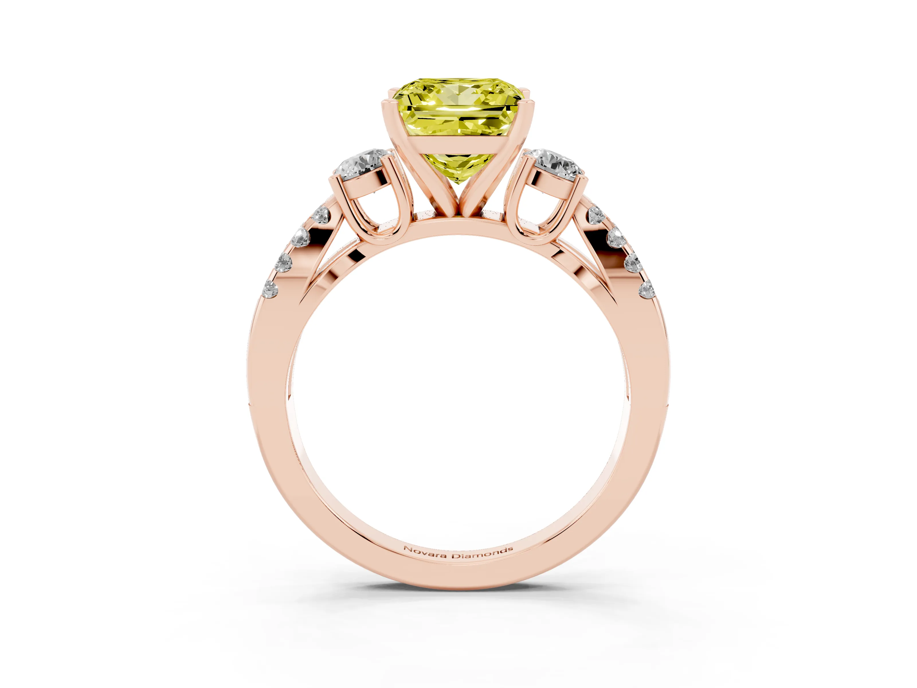 Fancy Yellow Princess Cut Diamond Three-Stone Ring Set in Rose gold with Pavé Split Shank and Prong Setting