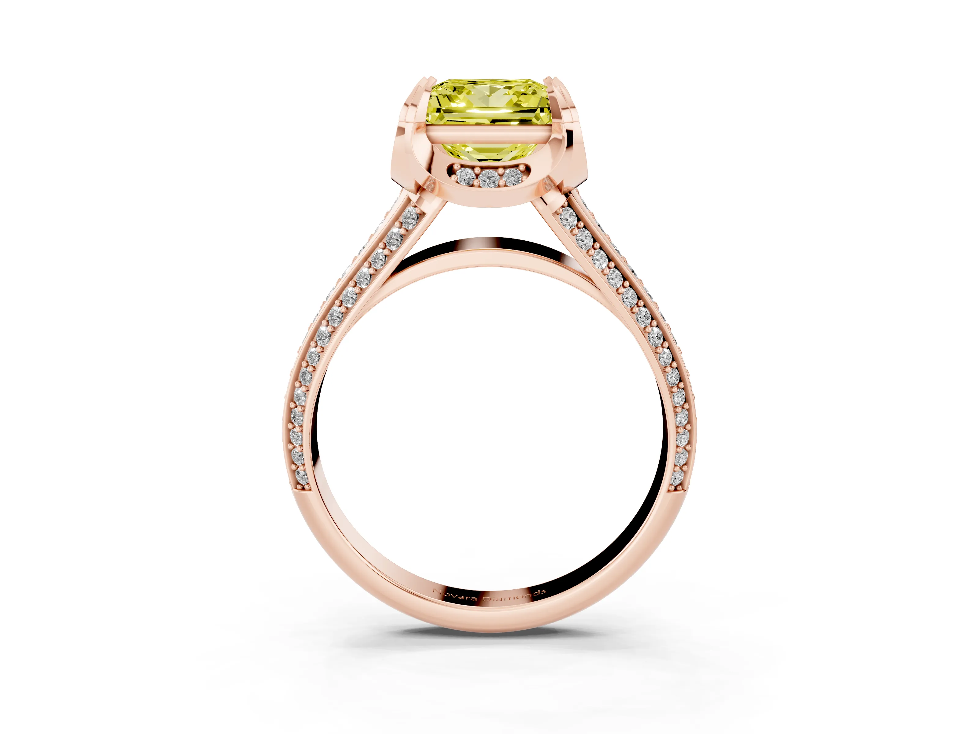 Fancy Yellow Princess Cut Diamond Pavé Split Shank Solitaire Ring Set in Rose gold with Prong Setting