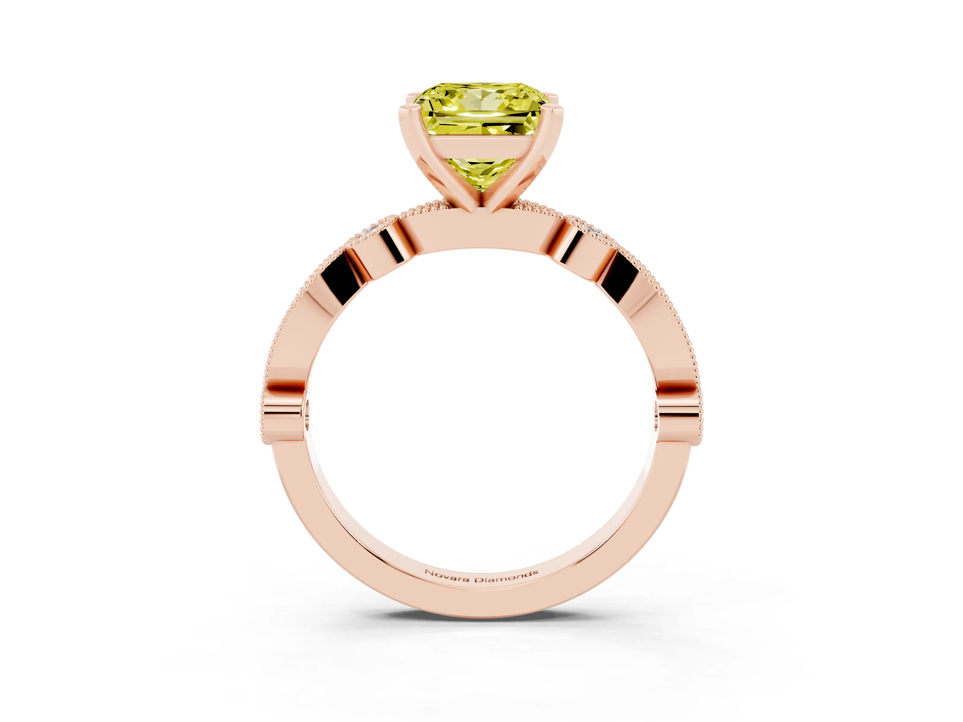 Fancy Yellow Princess Cut Diamond Solitaire Engagement Ring Set in Rose gold with Milgrain Bezel Accent Band