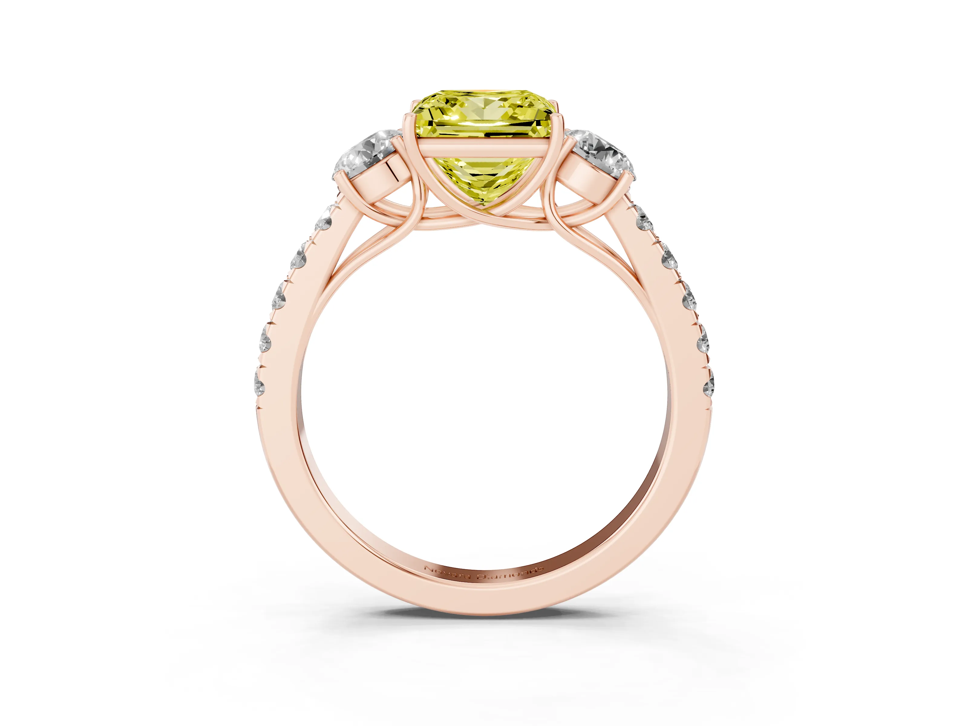 Fancy Yellow Princess Cut Diamond Three-Stone Ring Set in Rose gold with Round Side Stones and Delicate Pavé Band