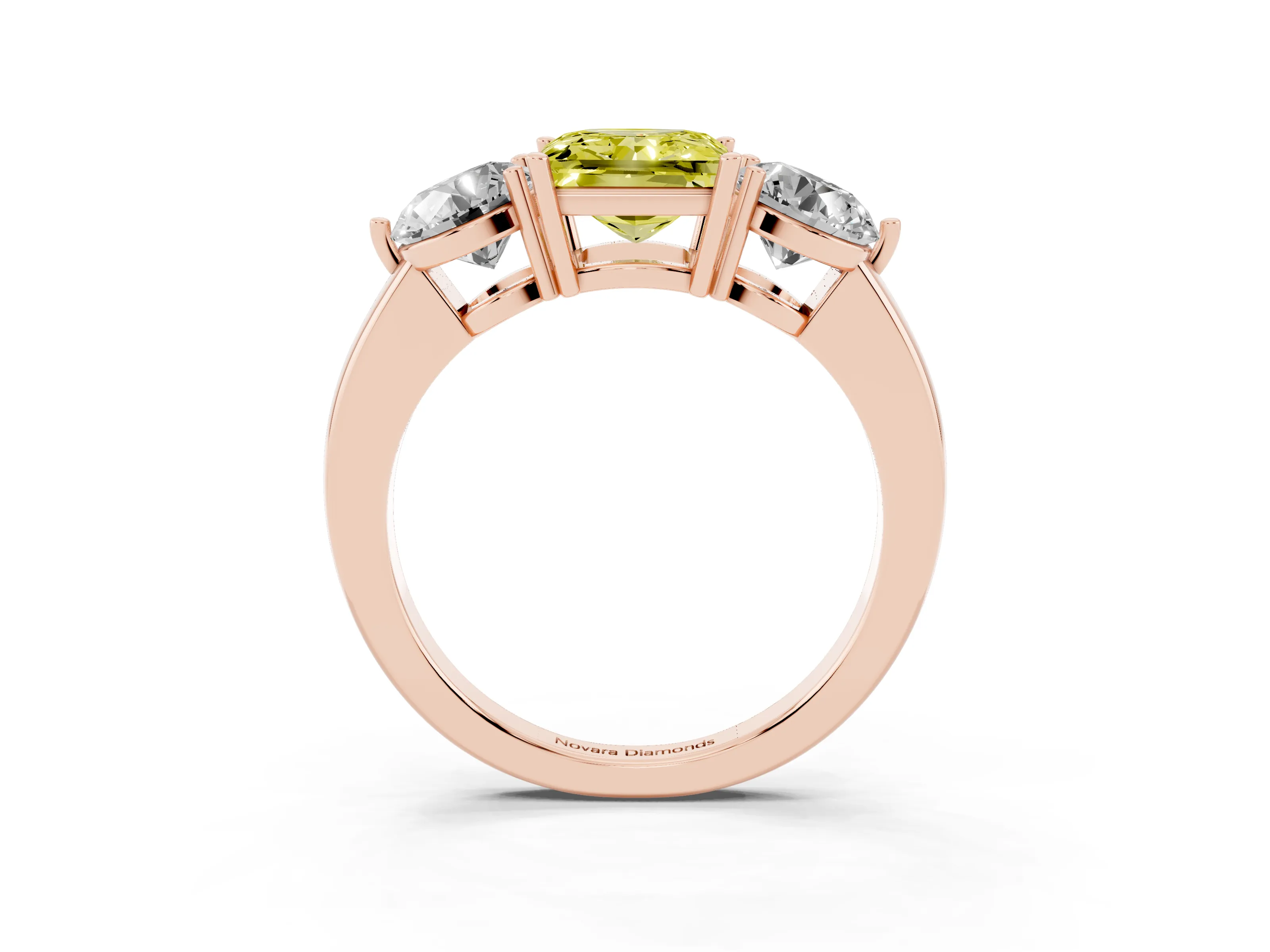 Fancy Yellow Princess Cut Diamond Three-Stone Ring Set in Rose gold with Prong Setting and Plain Band