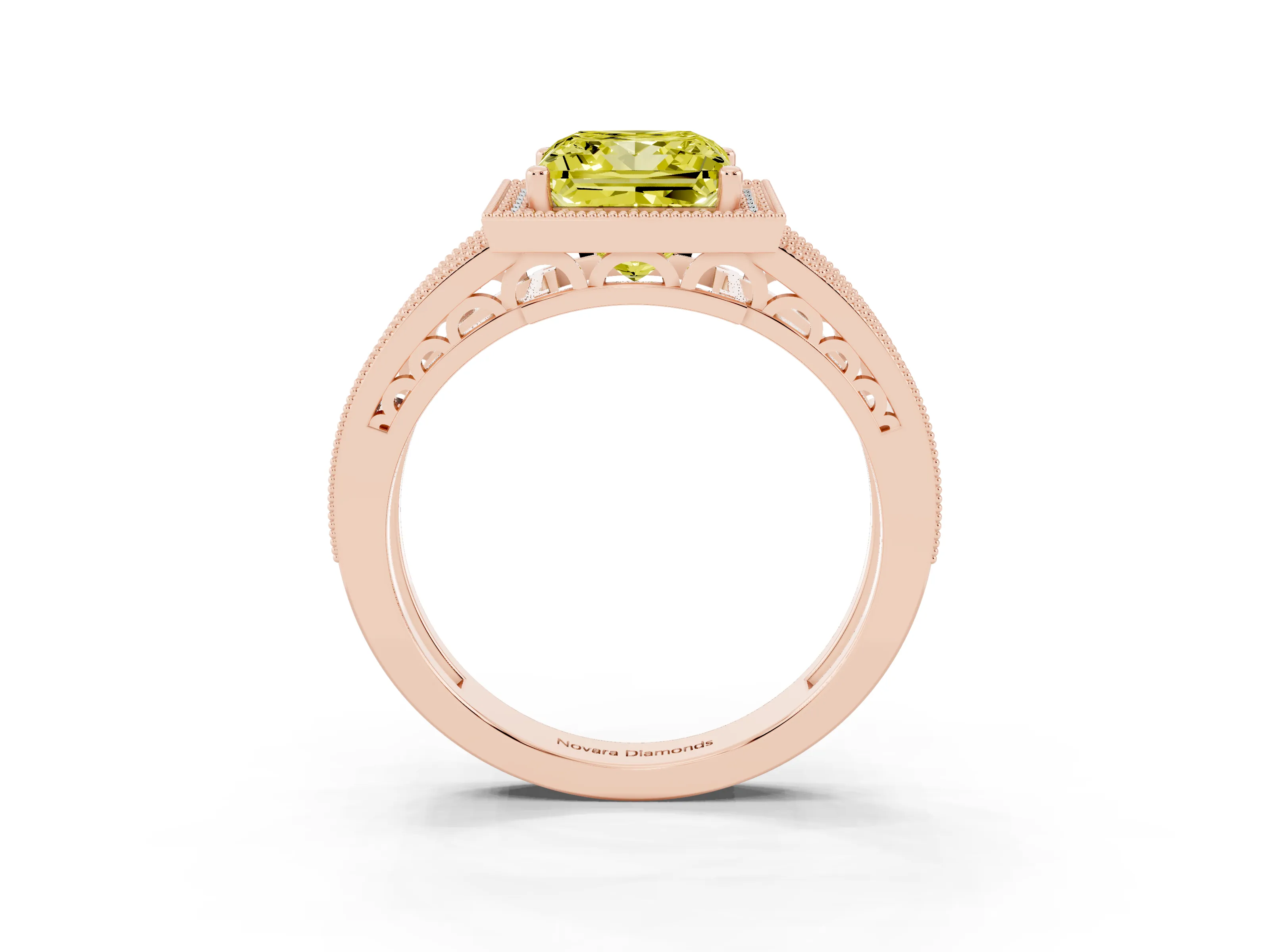 Fancy Yellow Princess Cut Diamond Halo Ring Set in Rose gold with Accent Split Shank and Prong Setting