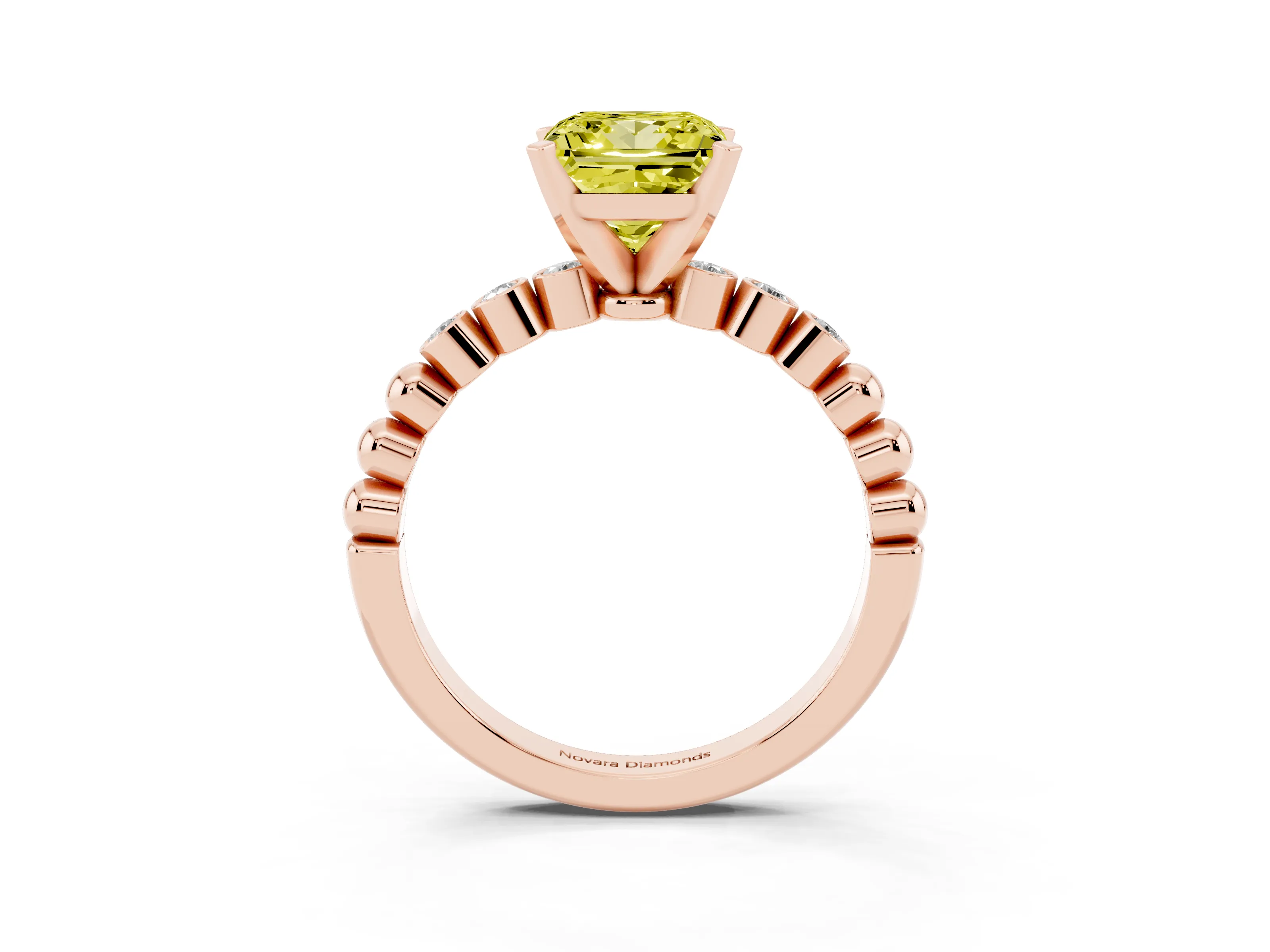 Fancy Yellow Princess Cut Diamond Solitaire Engagement Ring Set in Rose gold with Bezel Accents on Beaded Band