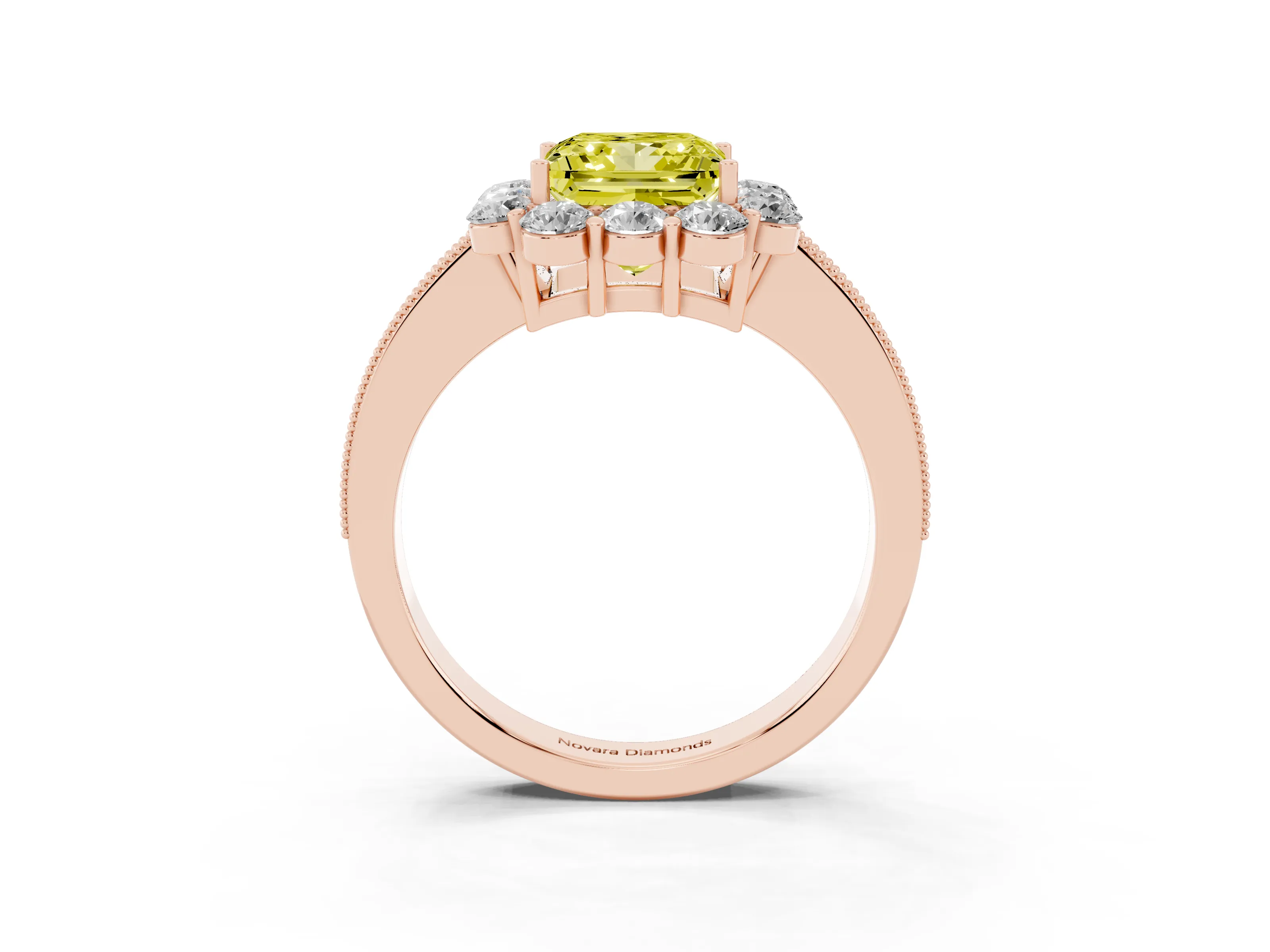 Fancy Yellow Princess Cut Diamond Halo Pavé Engagement Ring Set in Rose gold with Milgrain Detailing