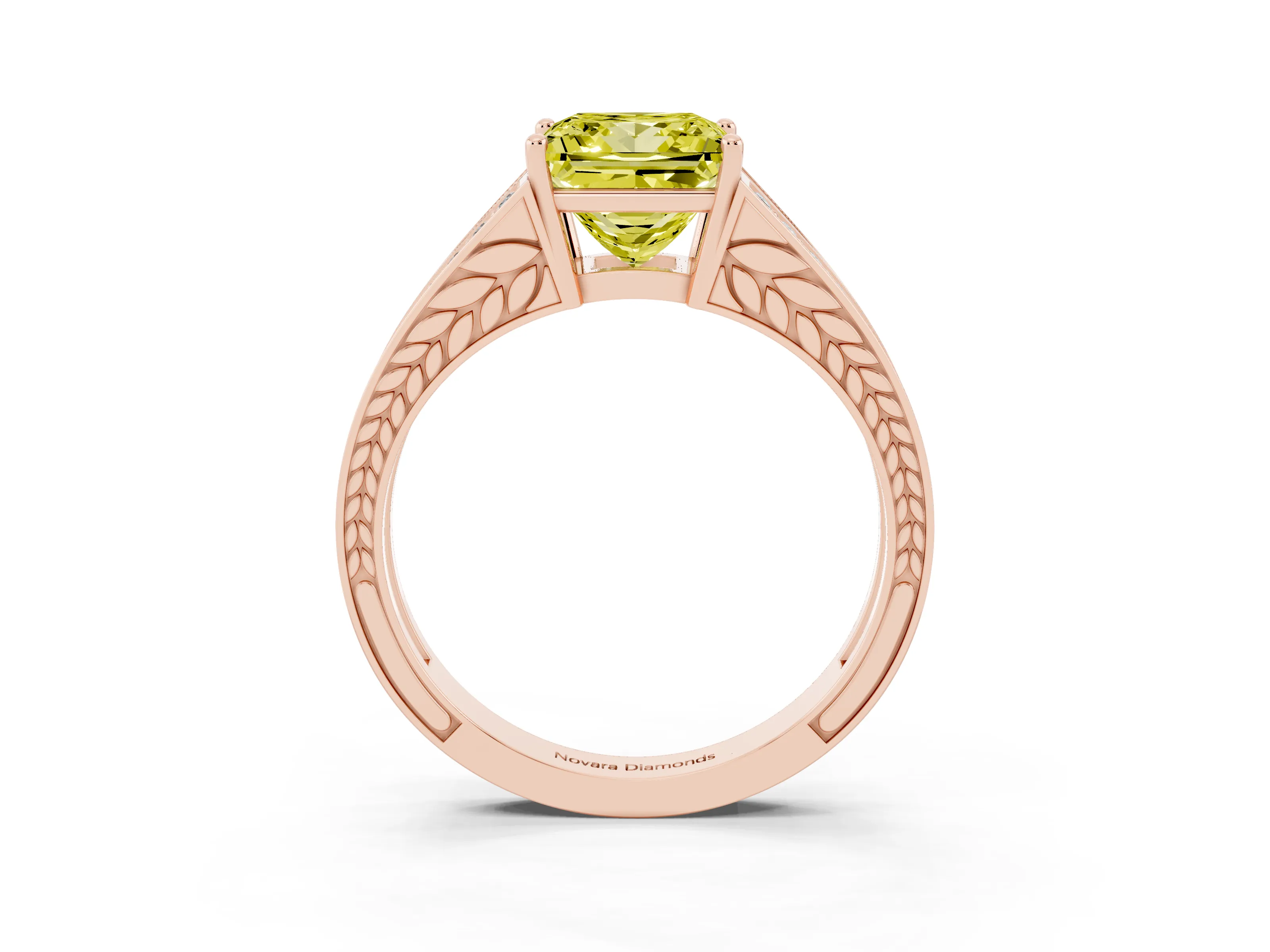 Fancy Yellow Princess Cut Diamond Split Shank Ring Set in Rose gold with Pavé Band and Prong Setting