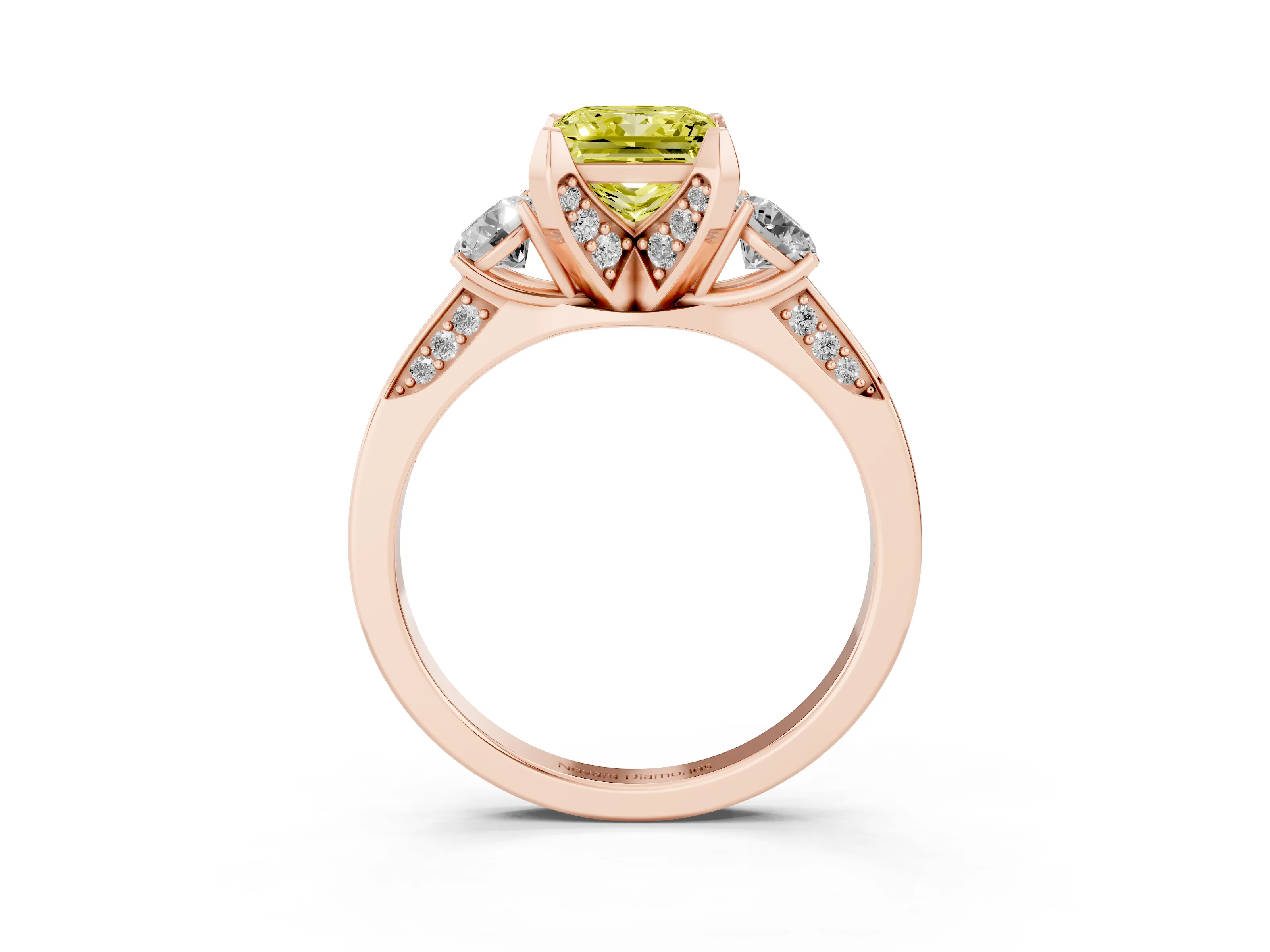 Fancy Yellow Princess Cut Diamond Three-Stone Ring Set in Rose gold with Pavé Band and Smaller Side Stones