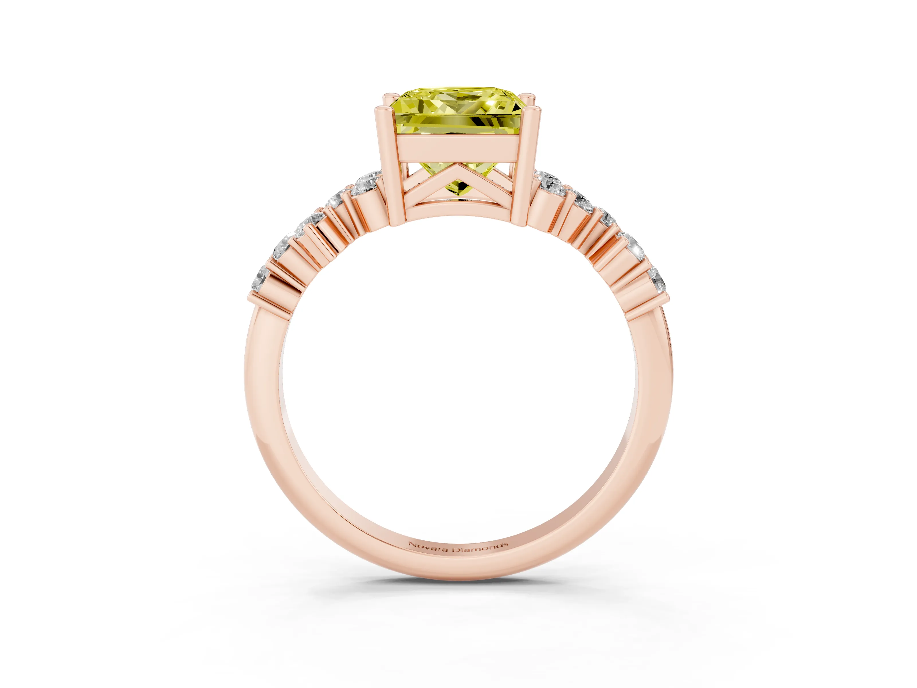 Fancy Yellow Princess Cut Diamond Ring Set in Rose gold with Scattered Round Accents