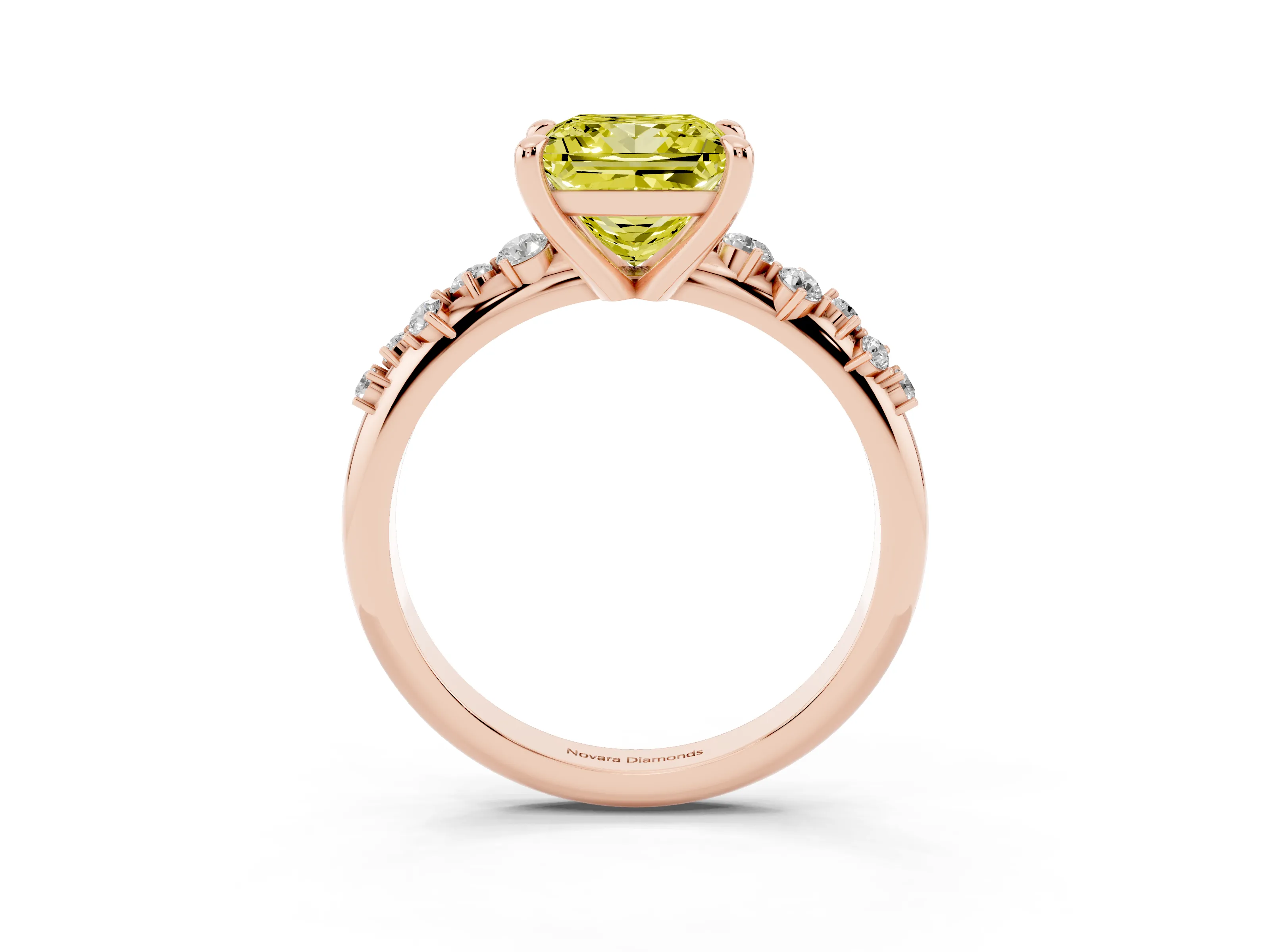 Fancy Yellow Princess Cut Diamond Solitaire Vine Band Ring Set in Rose gold with Round Accents and Prong Setting