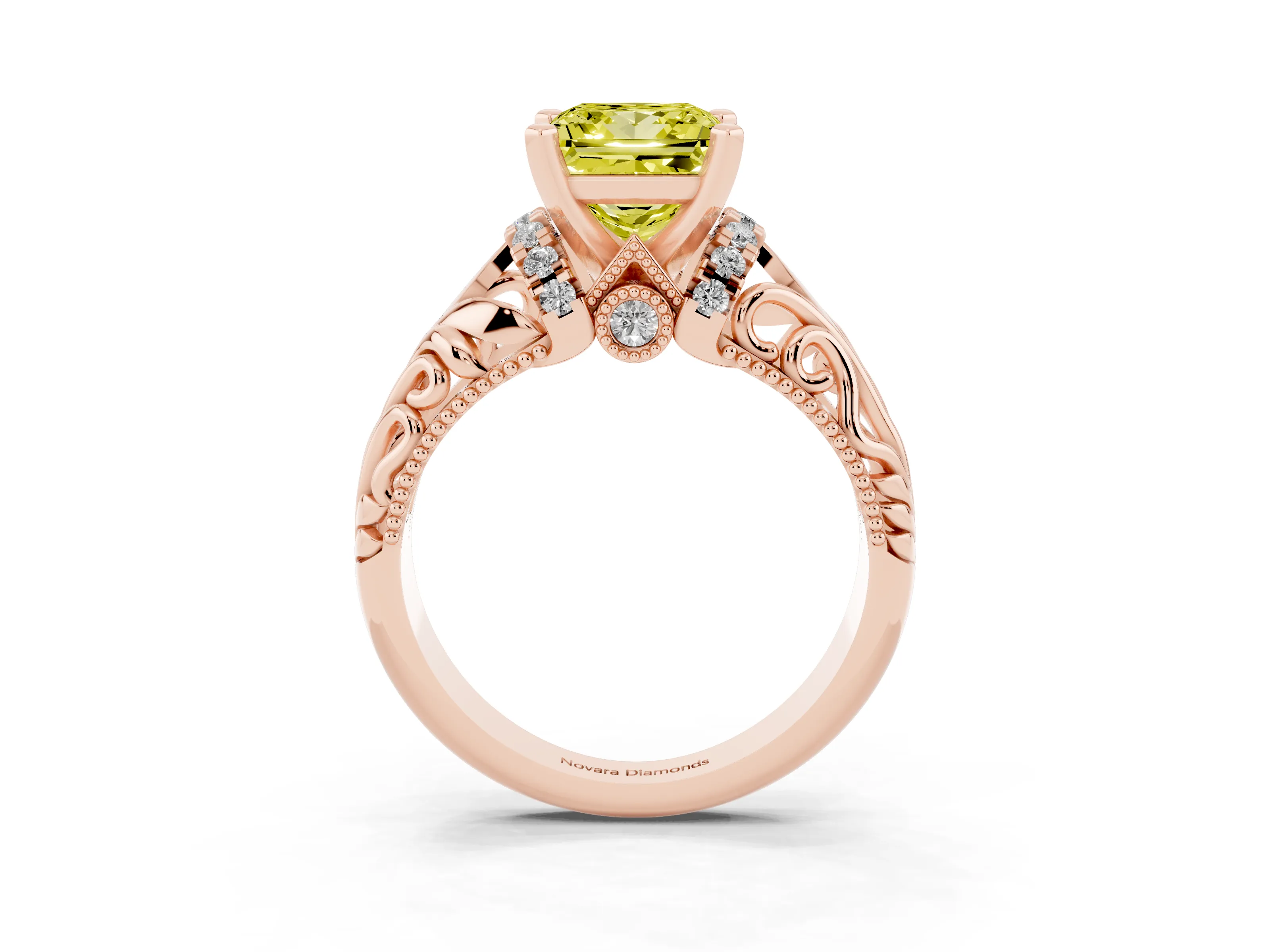 Fancy Yellow Princess Cut Diamond Filigree Halo Engagement Ring Set in Rose gold with Prong Setting
