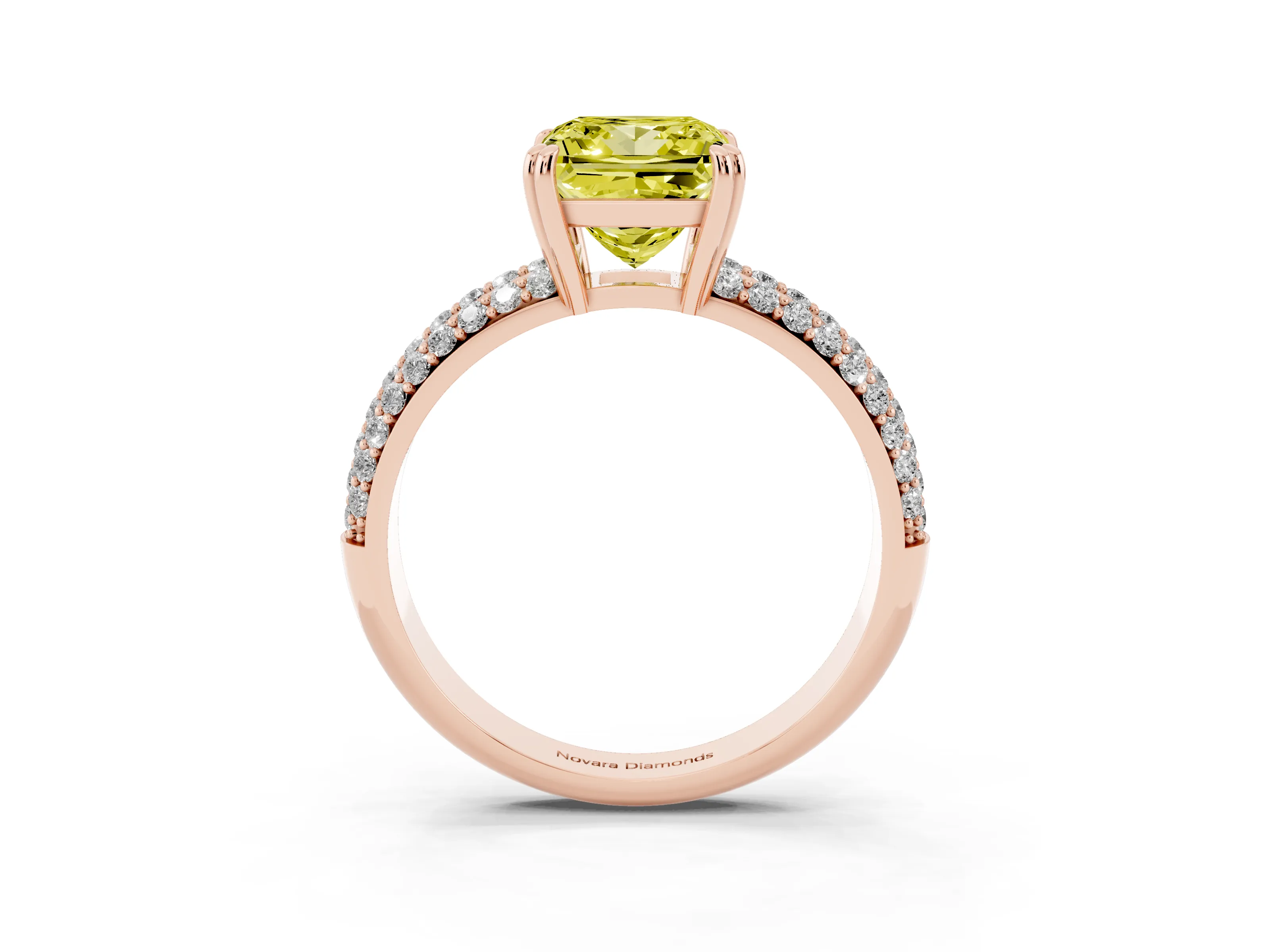 Fancy Yellow Princess Cut Diamond Solitaire Ring Set in Rose gold with Multi-Row Round Pavé Band and Prong Setting