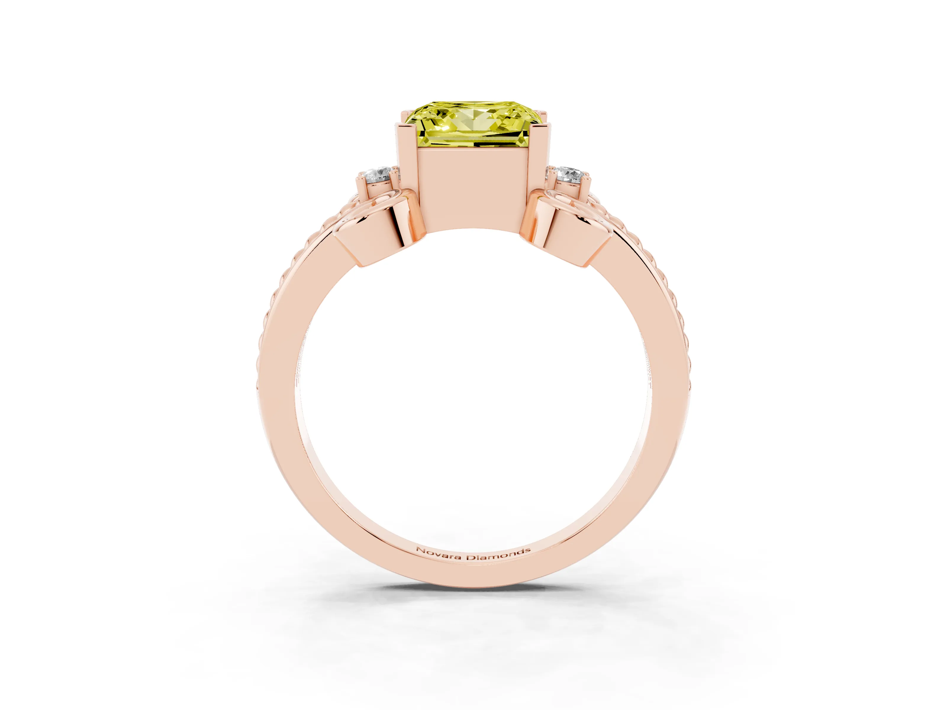 Fancy Yellow Princess Cut Diamond Twisted Band Solitaire Ring Set in Rose gold with Scroll Prongs