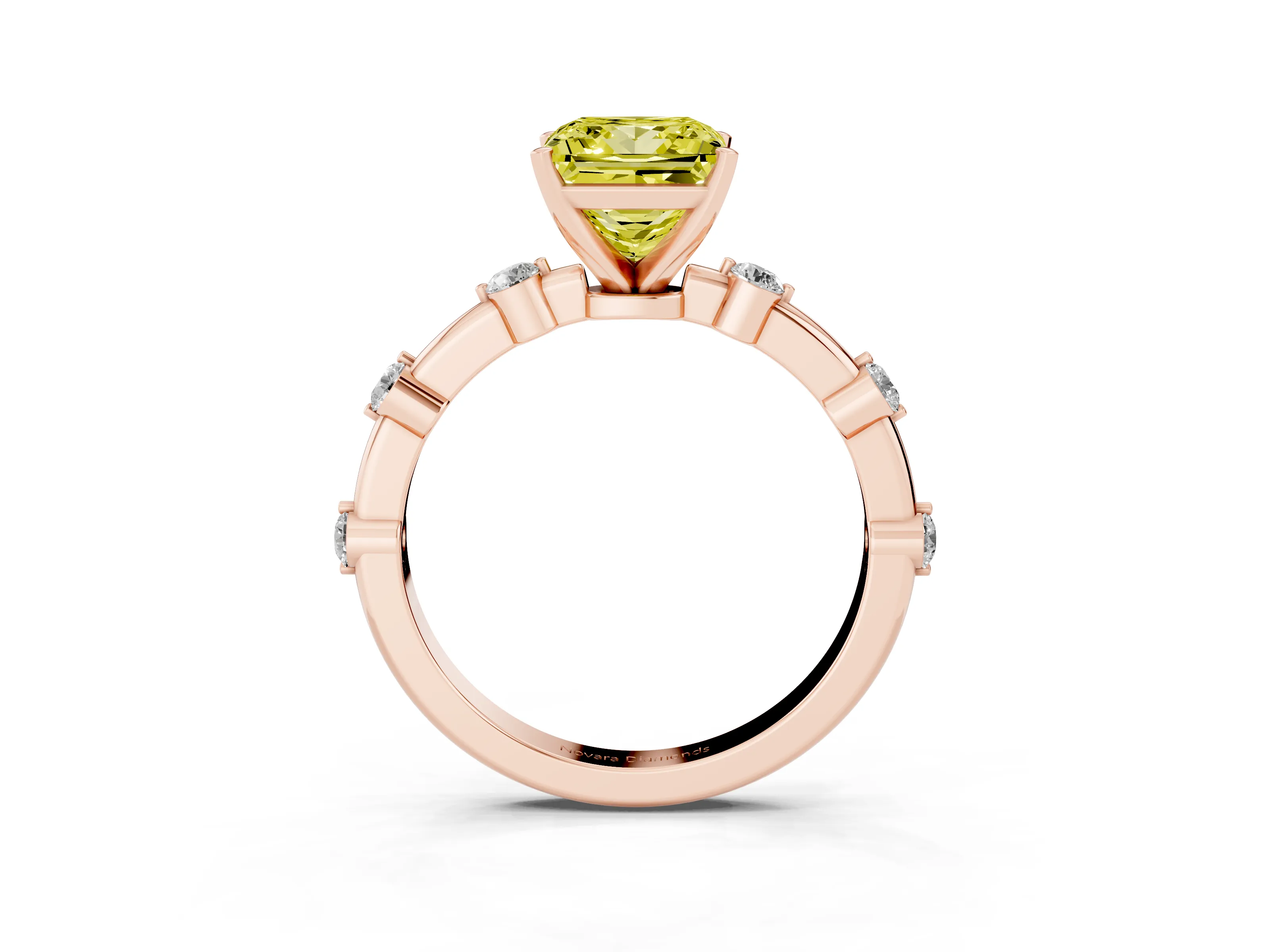 Fancy Yellow Princess Cut Diamond Solitaire Ring Set in Rose gold with Bezel Set Side Stones and Prong Setting