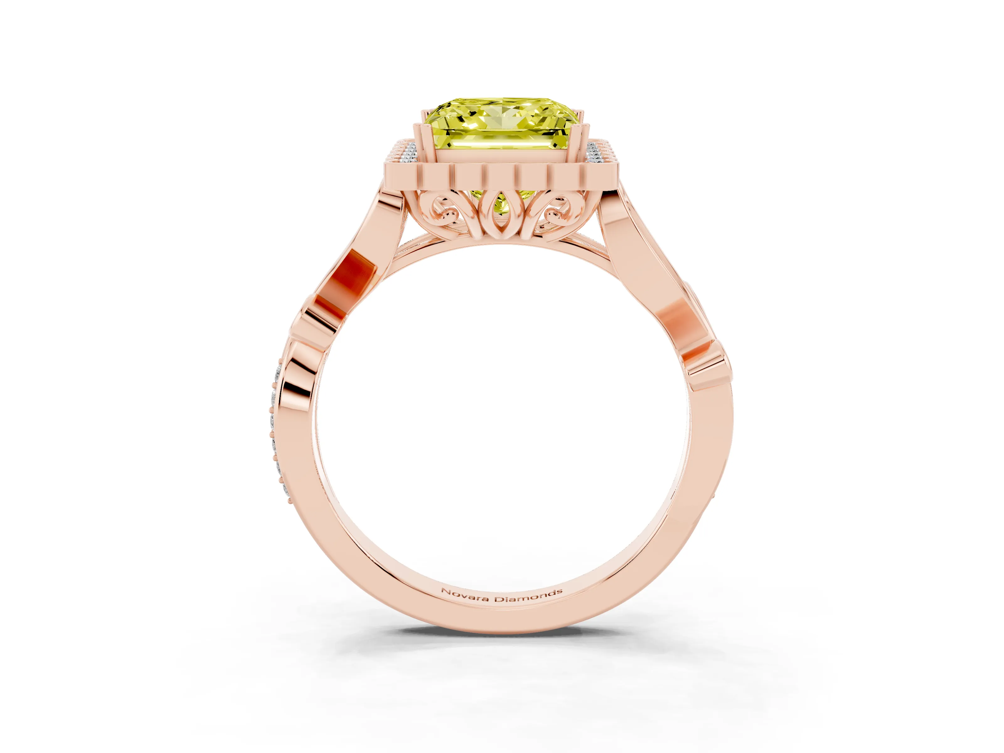 Fancy Yellow Princess Cut Diamond Halo Ring Set in Rose gold with Leaf Motif Split Shank and Prong Setting
