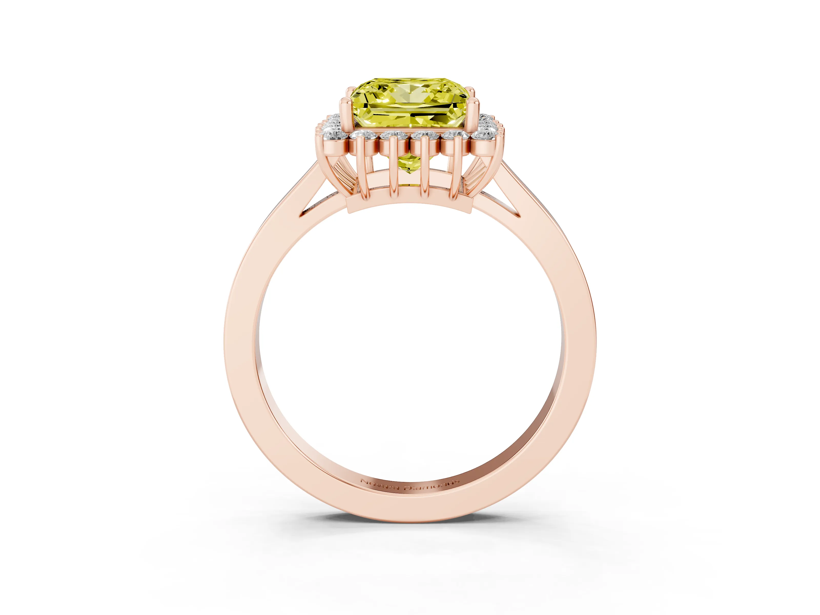Fancy Yellow Princess Cut Diamond Halo Ring Set in Rose gold with Round Halo and Smooth Solitaire Band