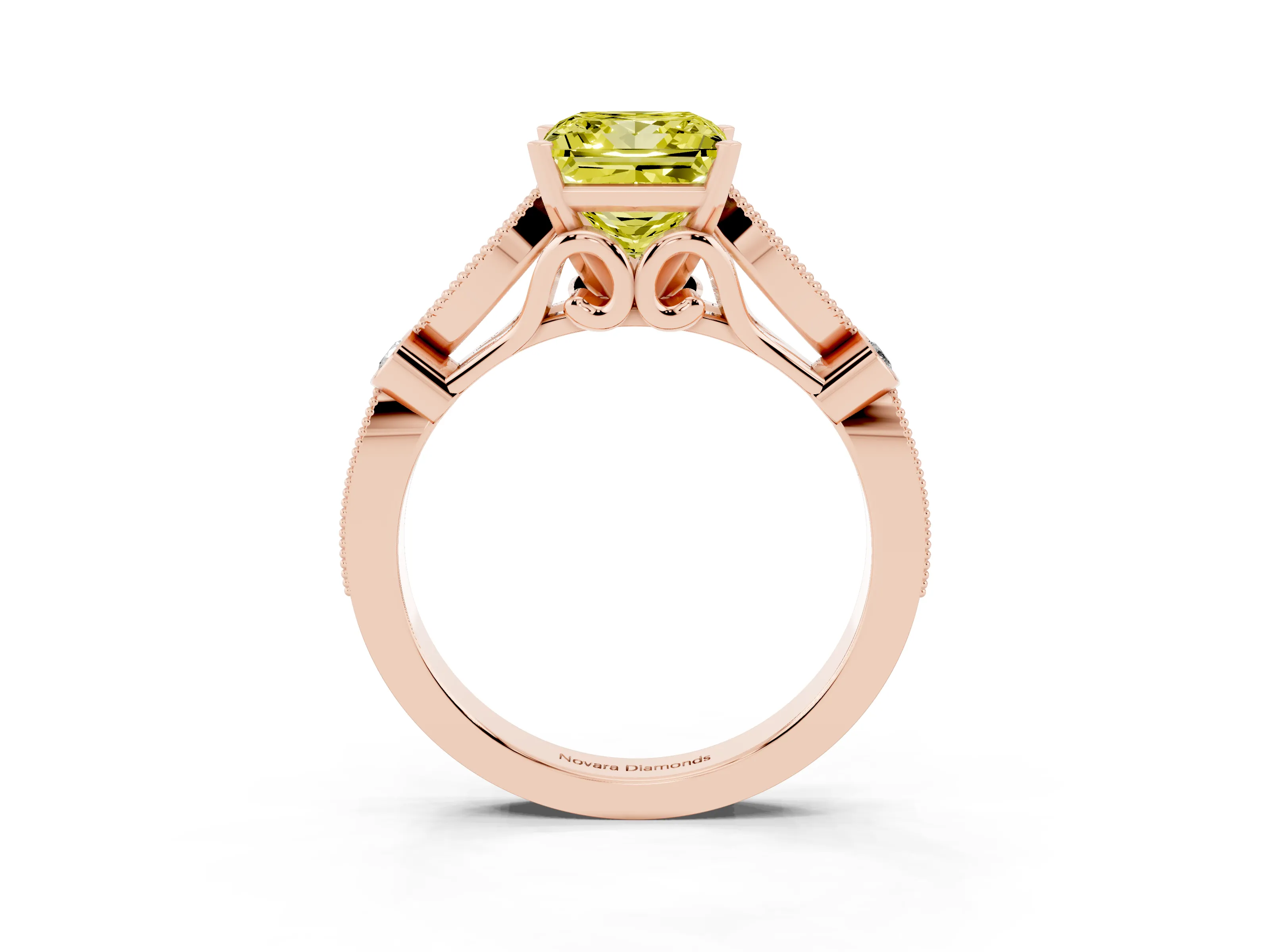Fancy Yellow Princess Cut Diamond Solitaire Ring Set in Rose gold with Milgrain Marquise and Bezel Accents