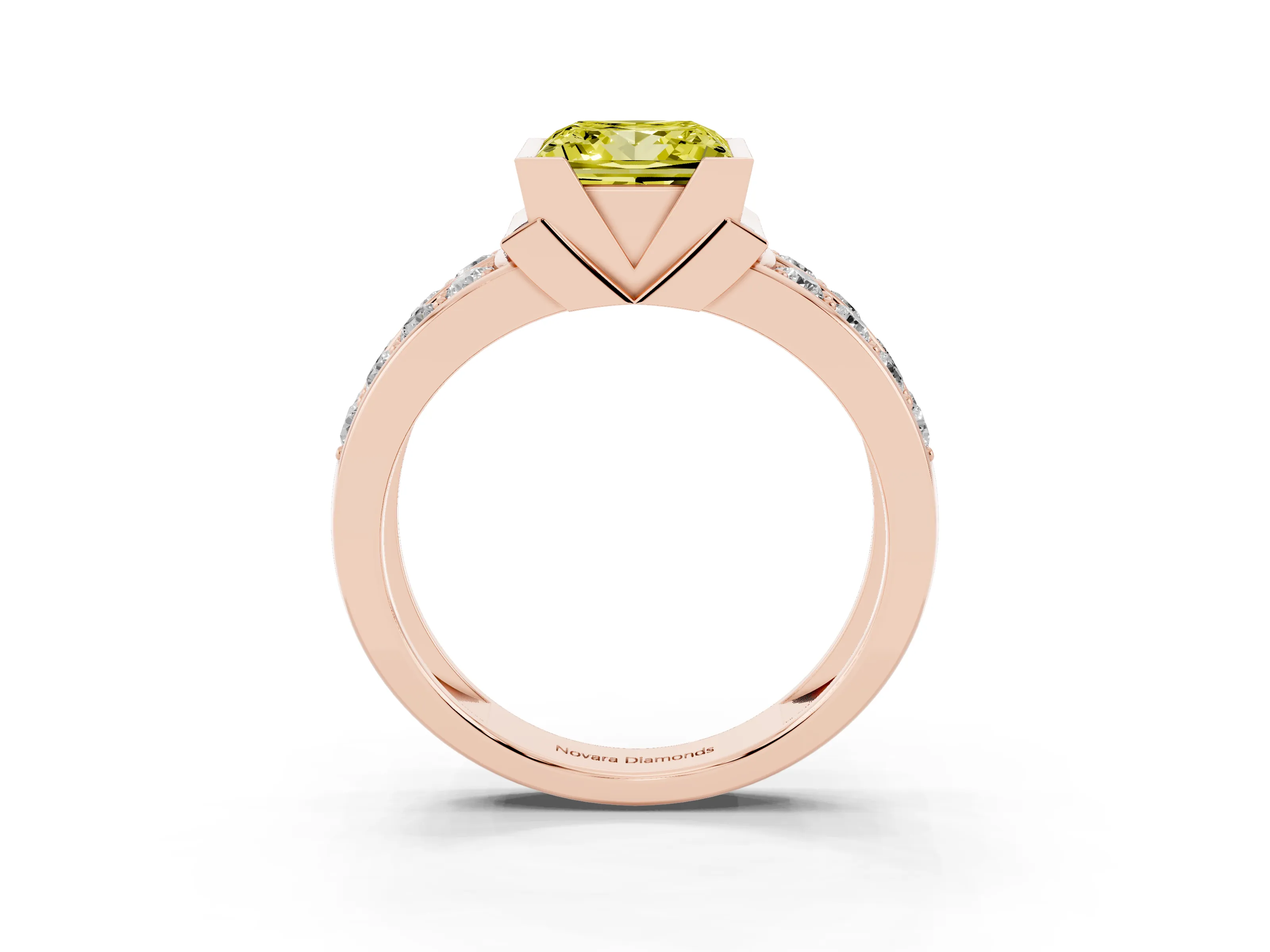 Fancy Yellow Princess Cut Diamond Wide Channel Set Band Ring Set in Rose gold with Bezel Setting