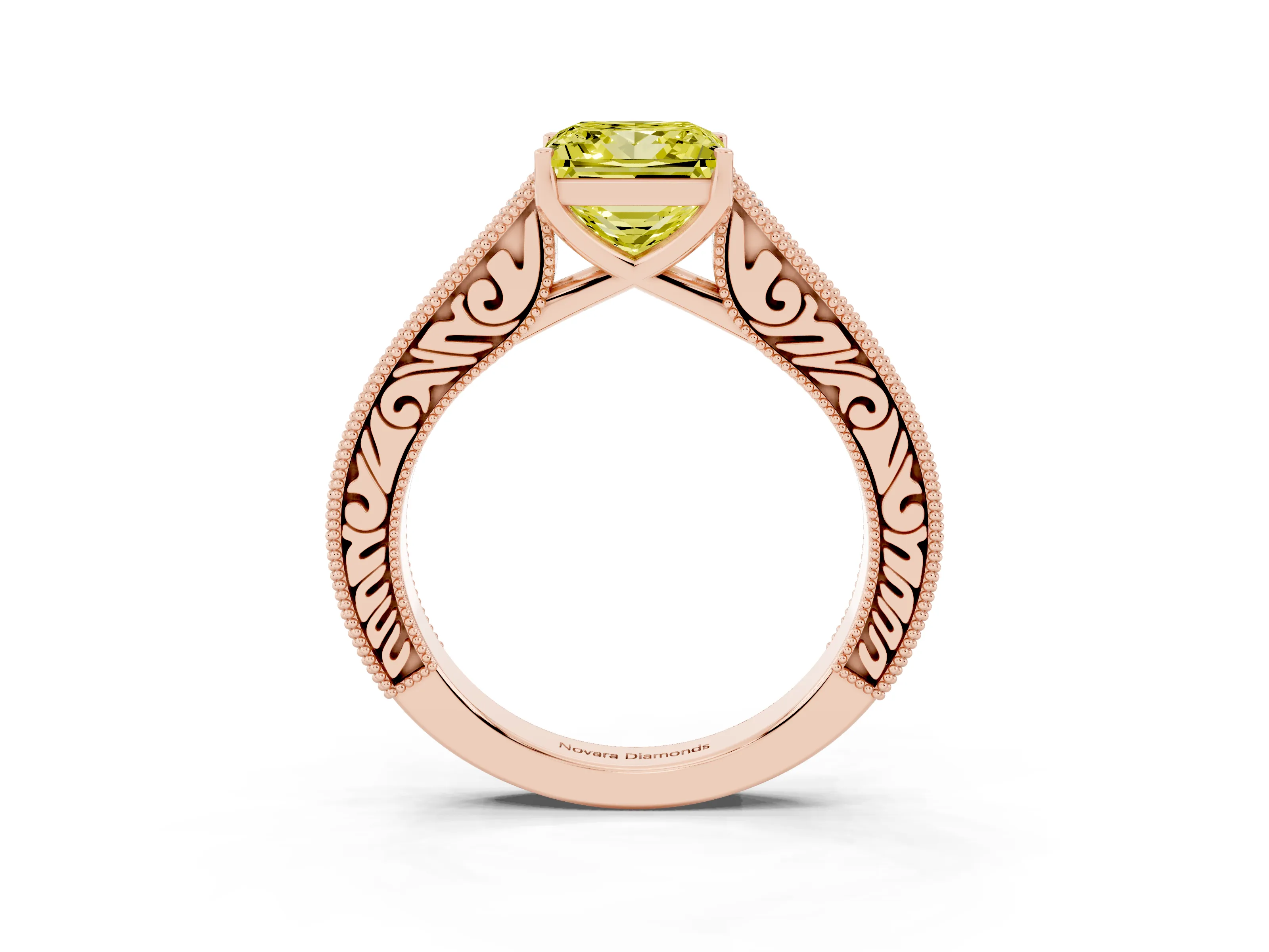 Fancy Yellow Princess Cut Diamond Milgrain Pavé Band Solitaire Ring Set in Rose gold with Prong Setting