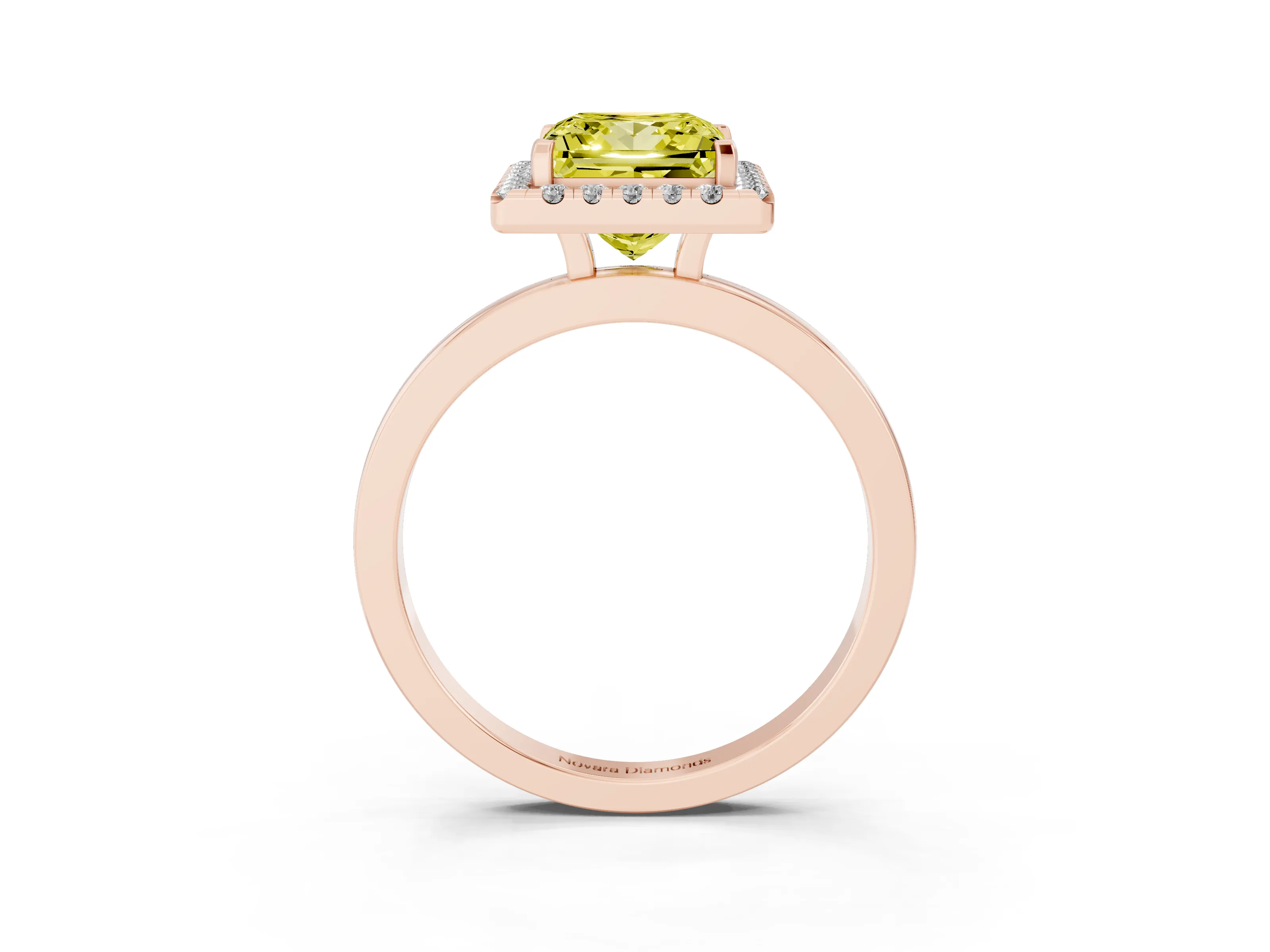 Fancy Yellow Princess Cut Diamond Halo Solitaire Ring Set in Rose gold with Pavé Band and Prong Setting