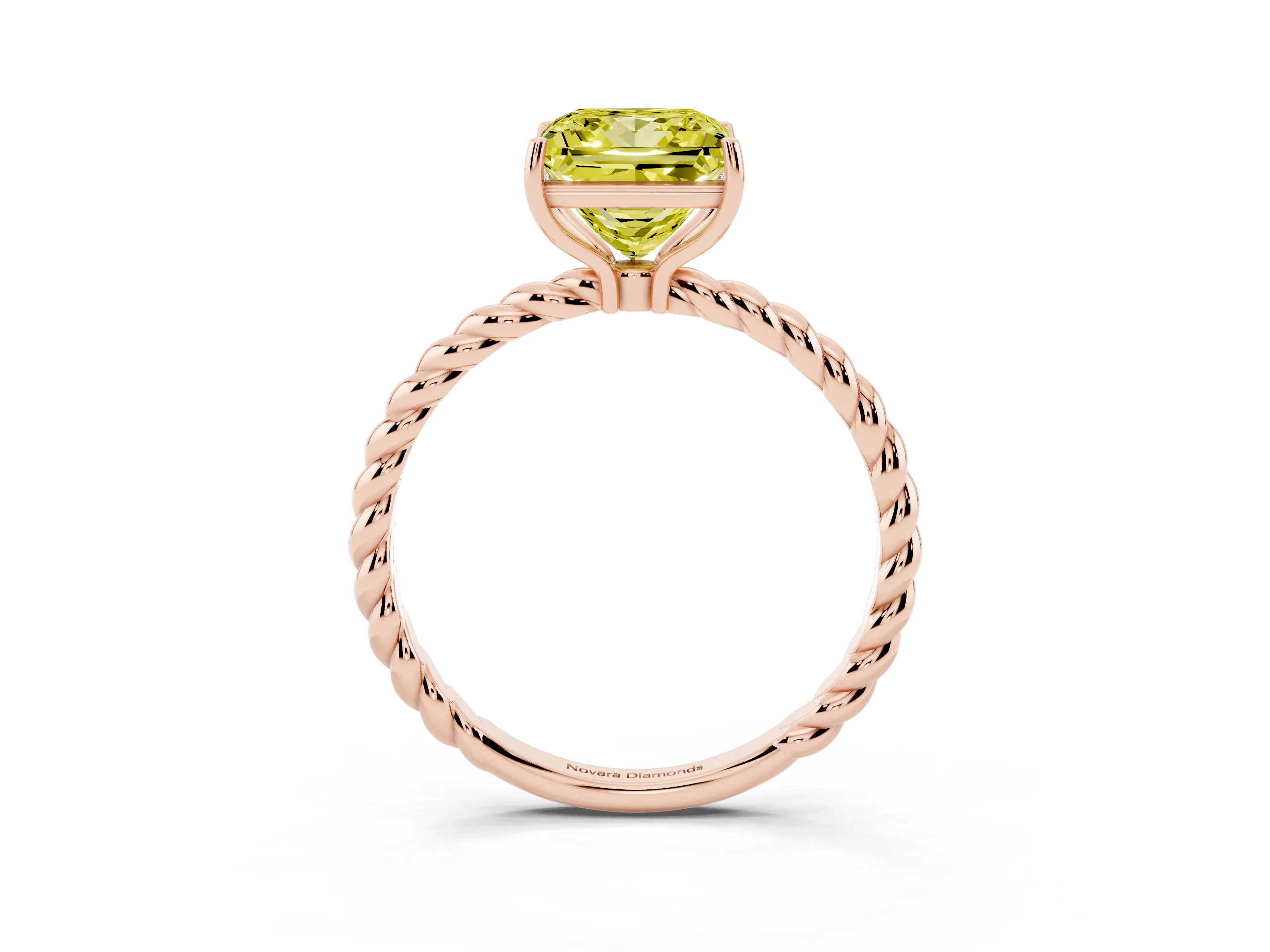 Fancy Yellow Princess Cut Diamond Solitaire Ring Set in Rose gold with Twist Band and Prong Setting