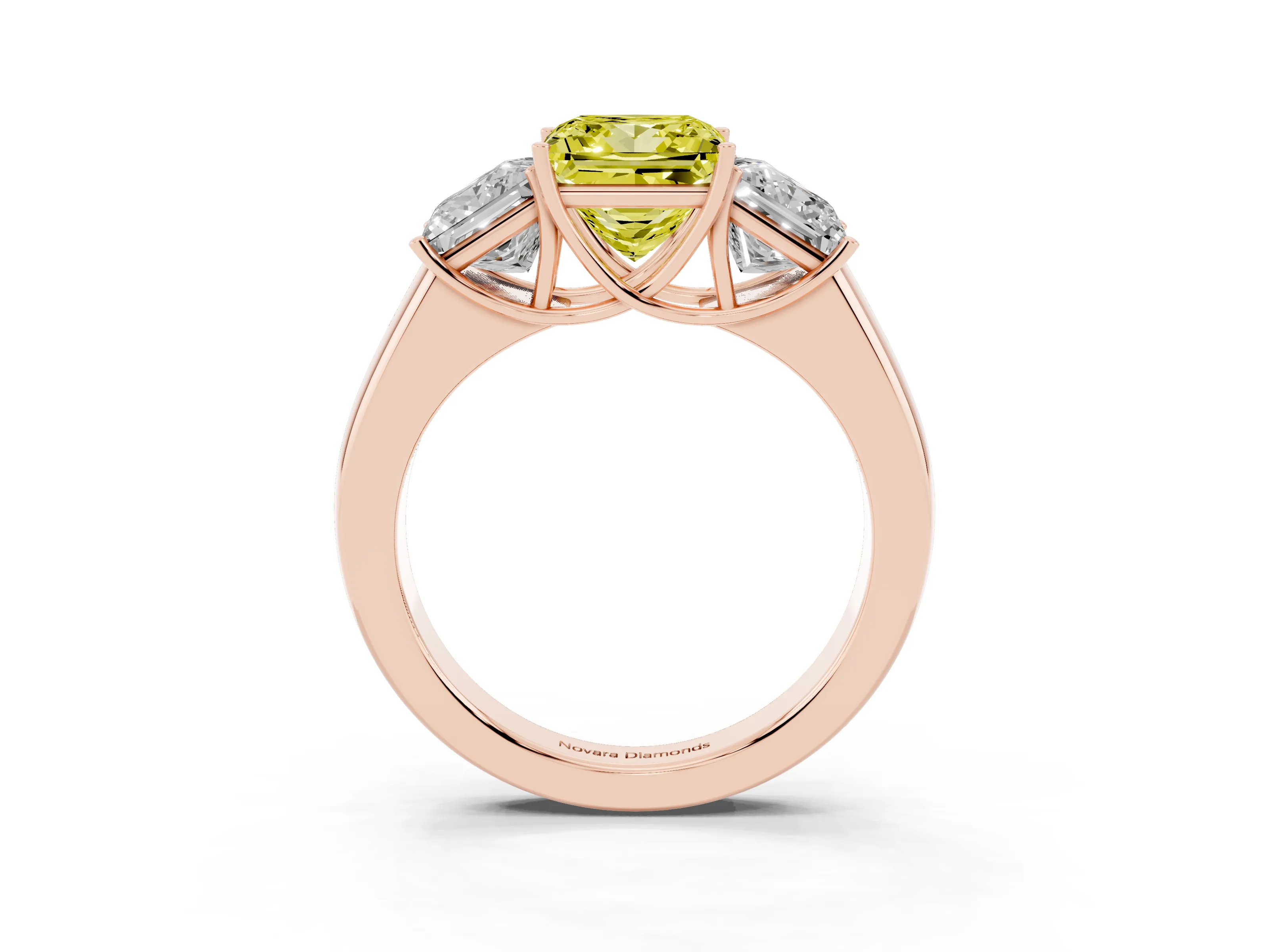 Fancy Yellow Three-Stone Princess Cut Diamond Ring Set in Rose gold with Matching Prong Settings and Plain Band