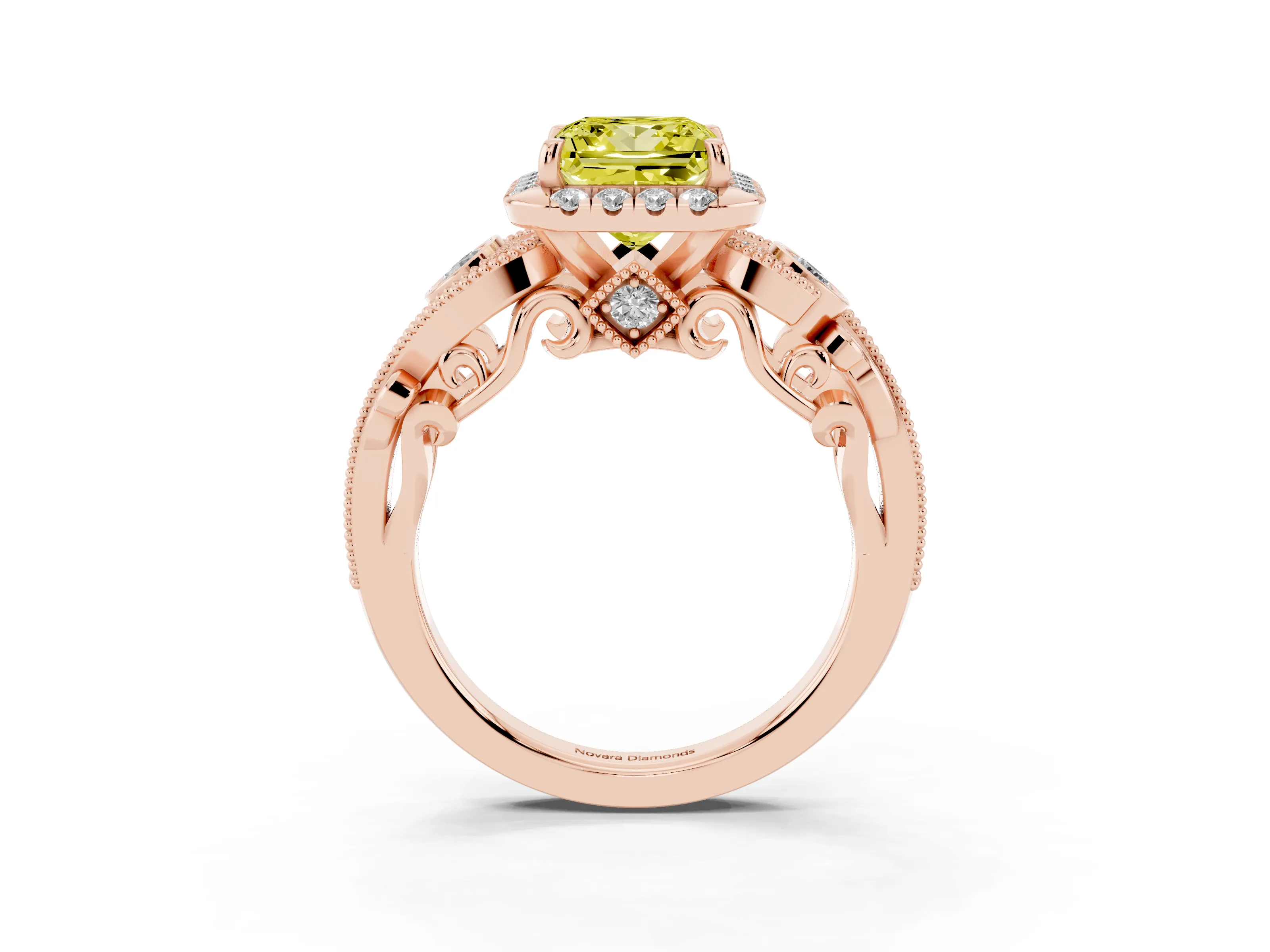 Fancy Yellow Princess Cut Diamond Halo Ring Set in Rose gold with Milgrain Pavé Band and Prong Setting