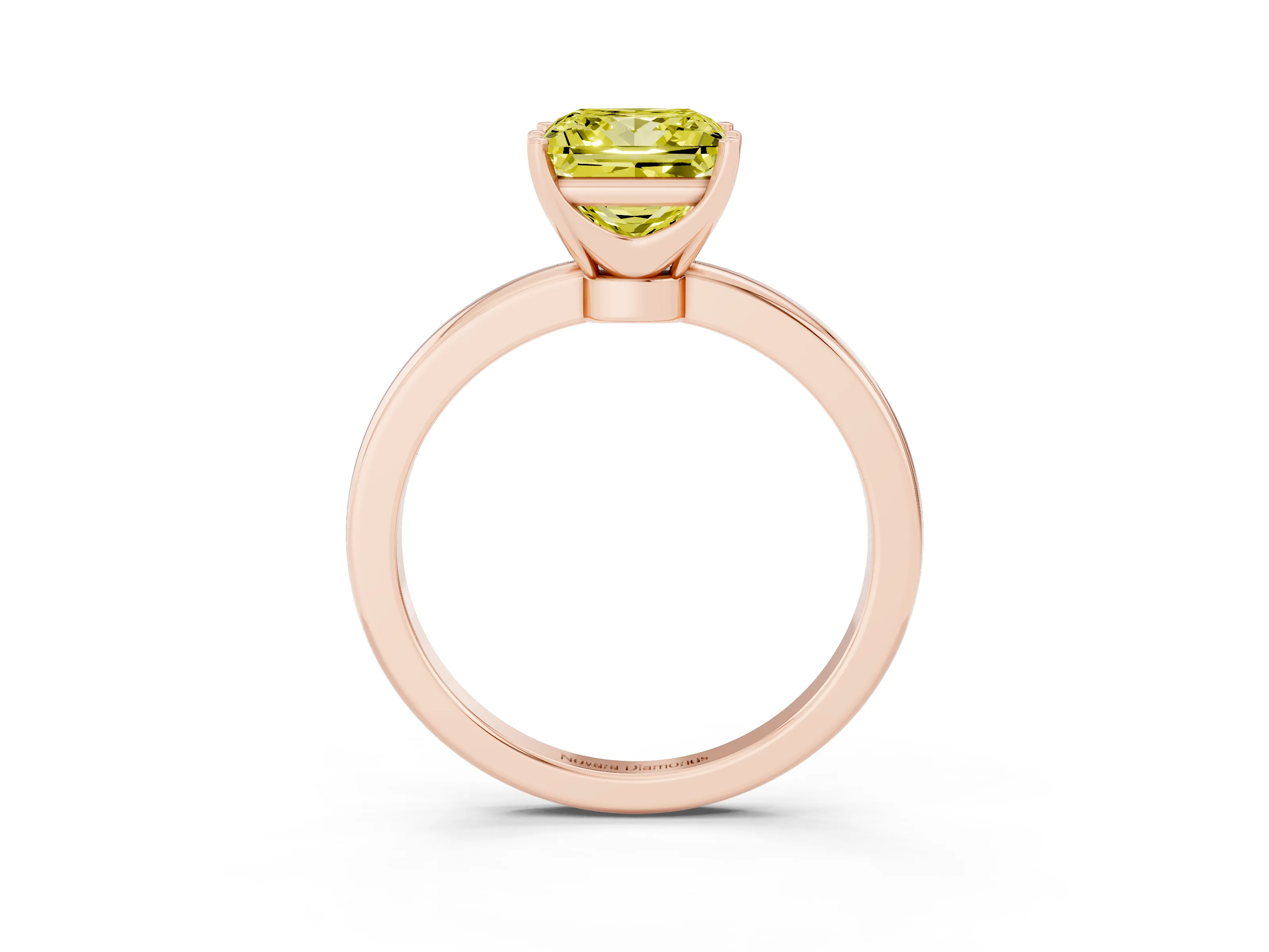 Fancy Yellow Princess Cut Diamond Solitaire Ring Set in Rose gold with Raised Prong Setting on a Classic Band