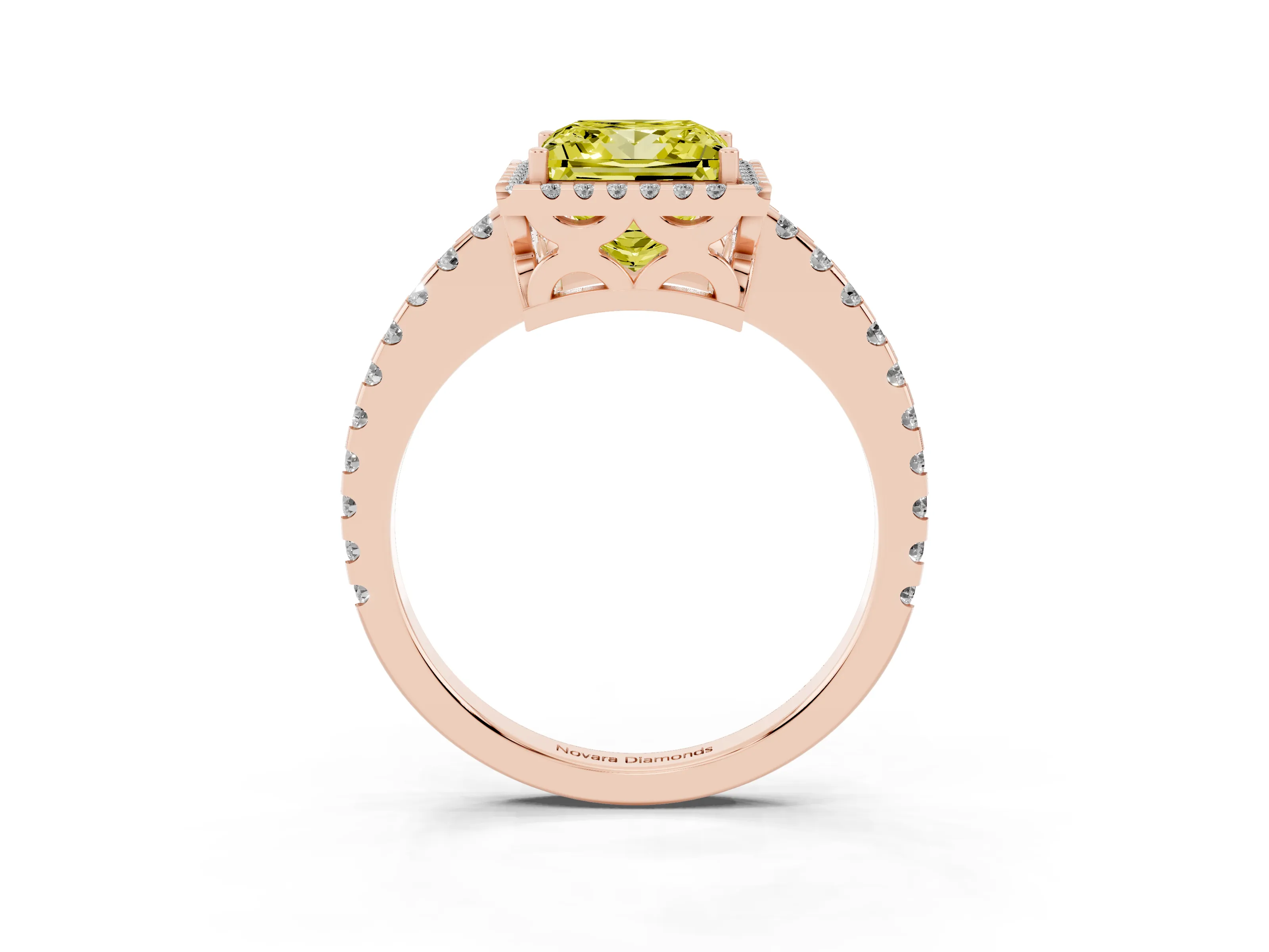 Fancy Yellow Princess Cut Diamond Halo Ring Set in Rose gold with Pavé Shoulders and Halo-Framed Center