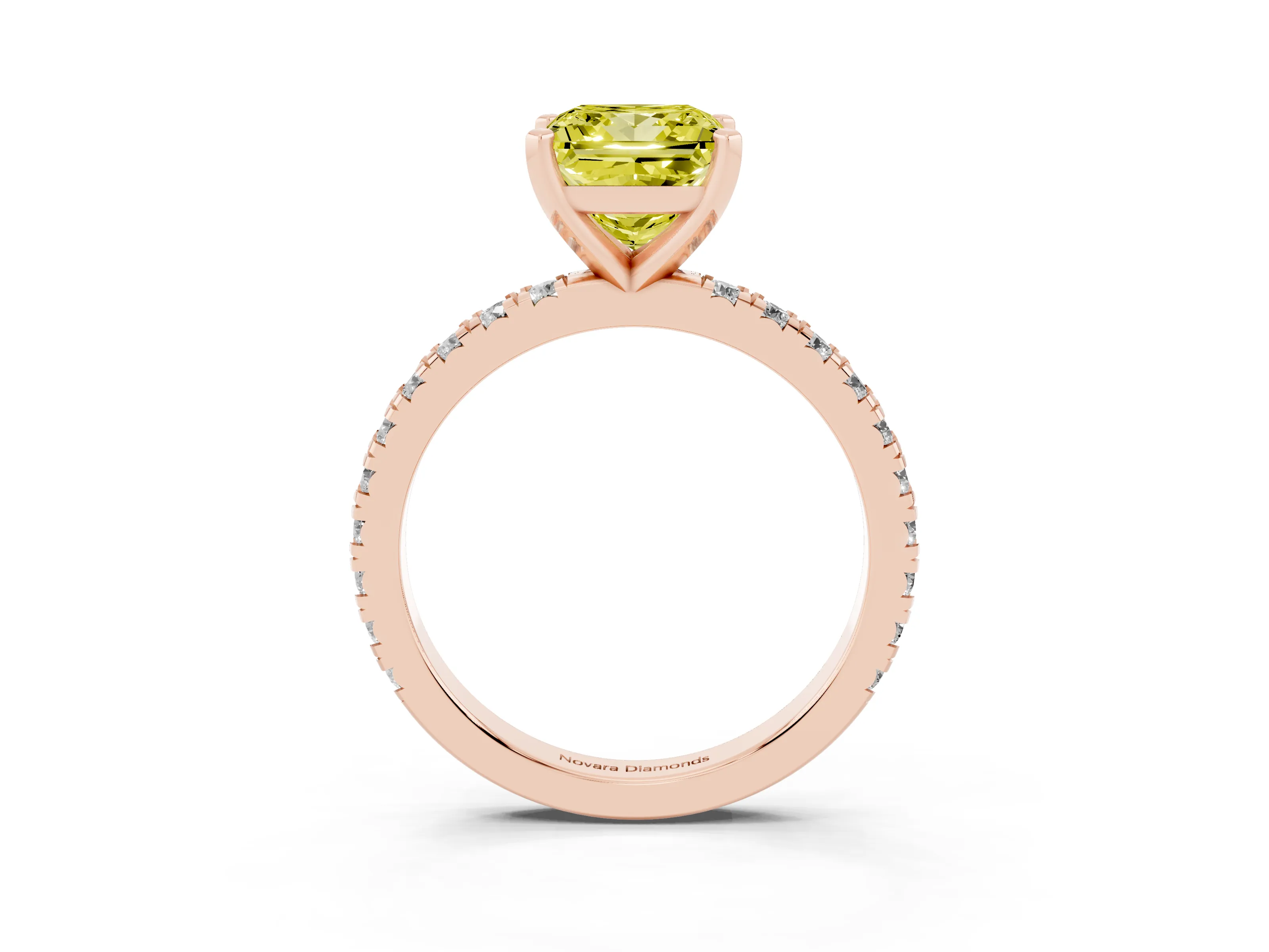 Fancy Yellow Princess Cut Diamond Pavé Band Solitaire Set in Rose gold with Prong Setting
