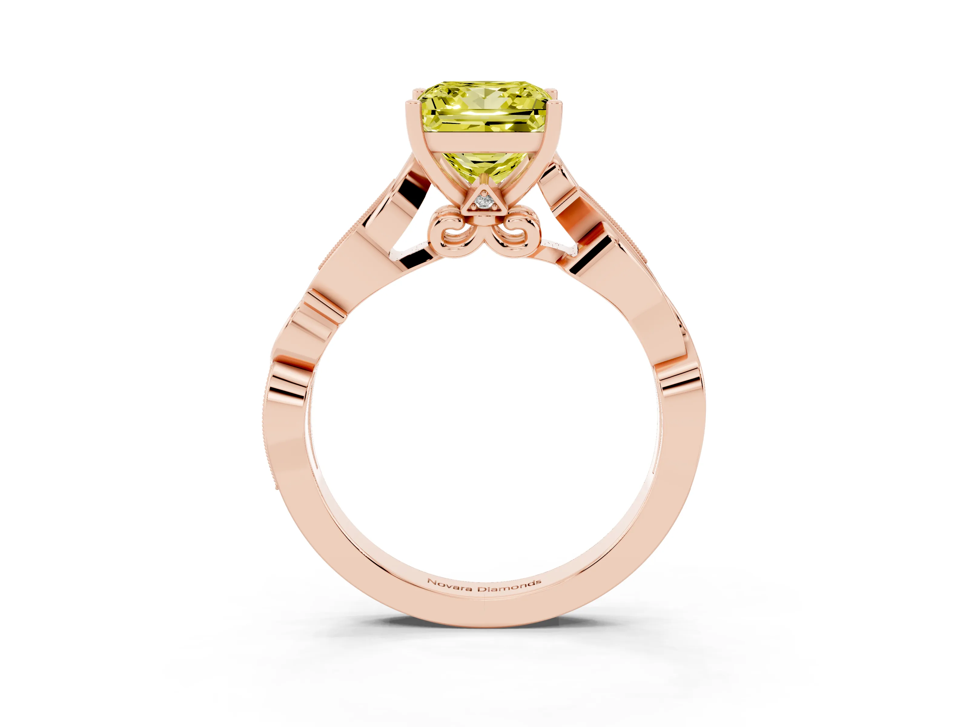 Fancy Yellow Princess Cut Diamond Vine Band Solitaire Ring Set in Rose gold with Milgrain Prong Setting