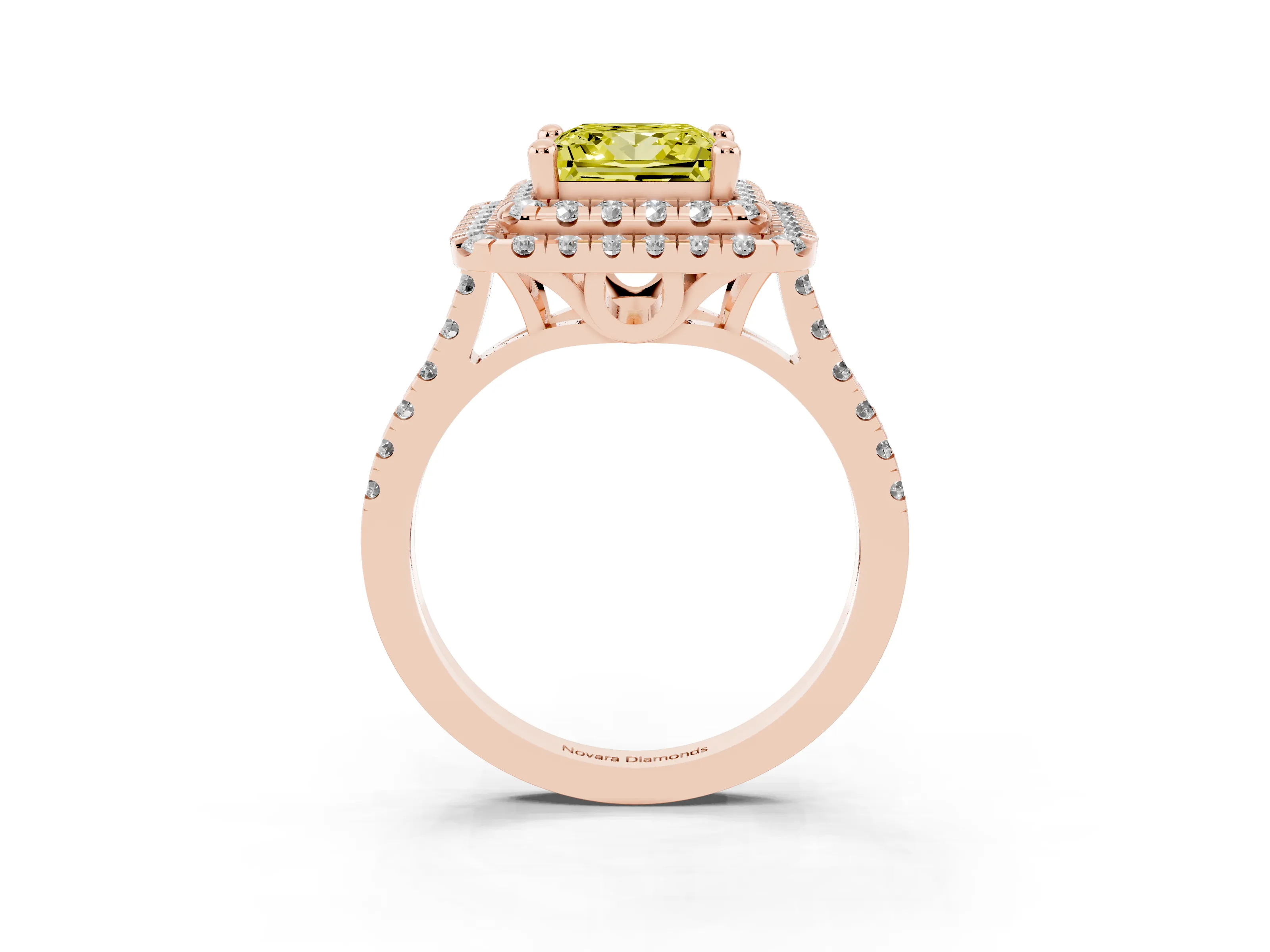 Fancy Yellow Princess Cut Diamond Double Halo Statement Ring Set in Rose gold with Pavé Band