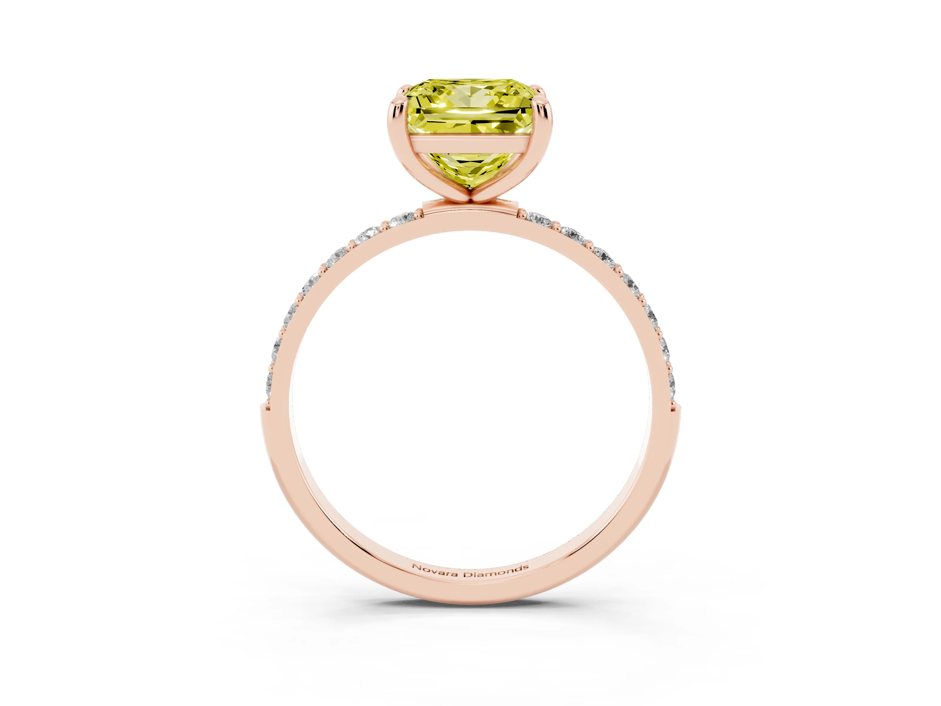 Fancy Yellow Princess Cut Diamond Solitaire Ring Set in Rose gold with Round Pavé Band and Prong Setting