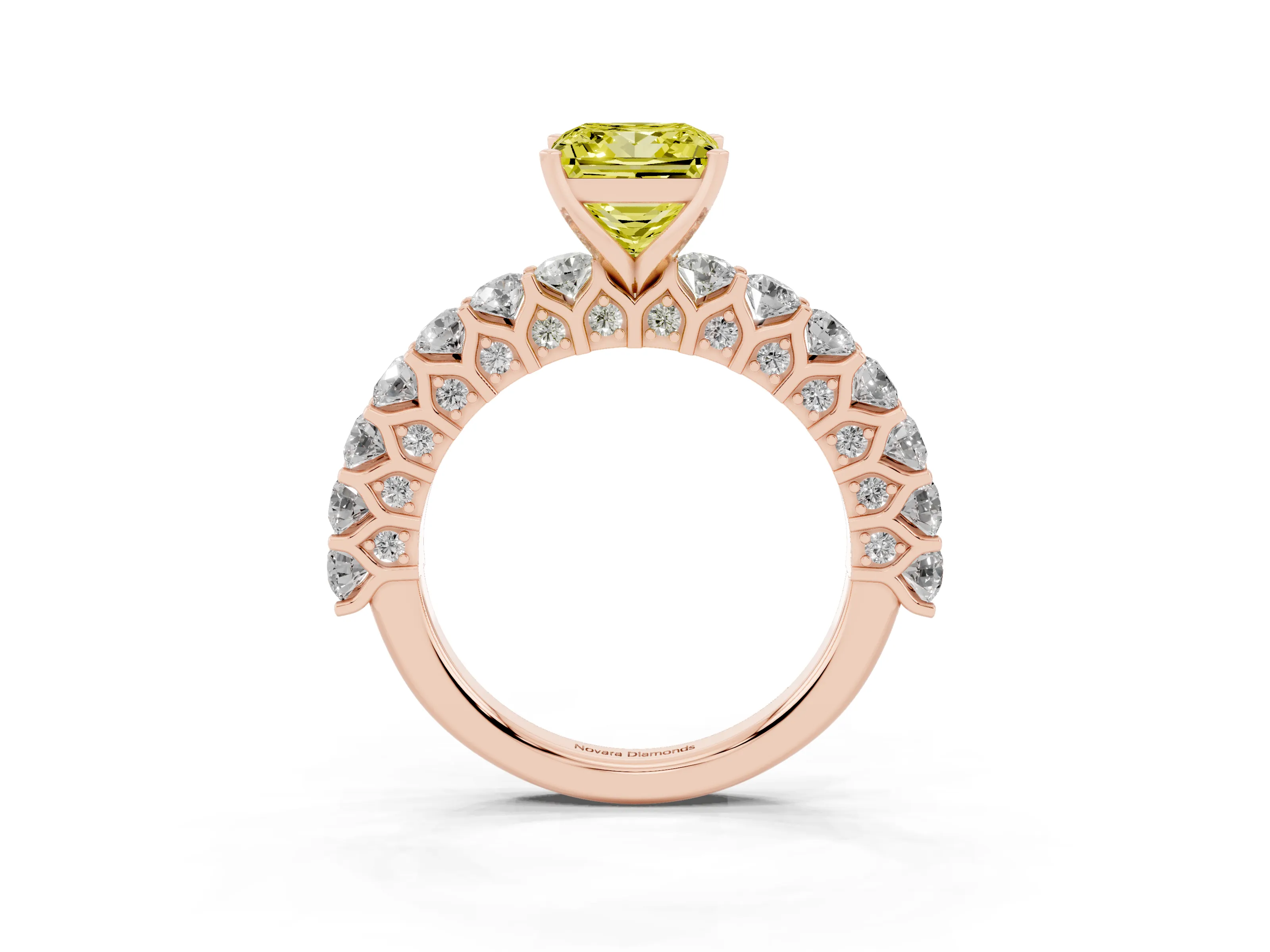 Fancy Yellow Princess Cut Diamond Solitaire Ring Set in Rose gold with Shared Prong Pavé Band